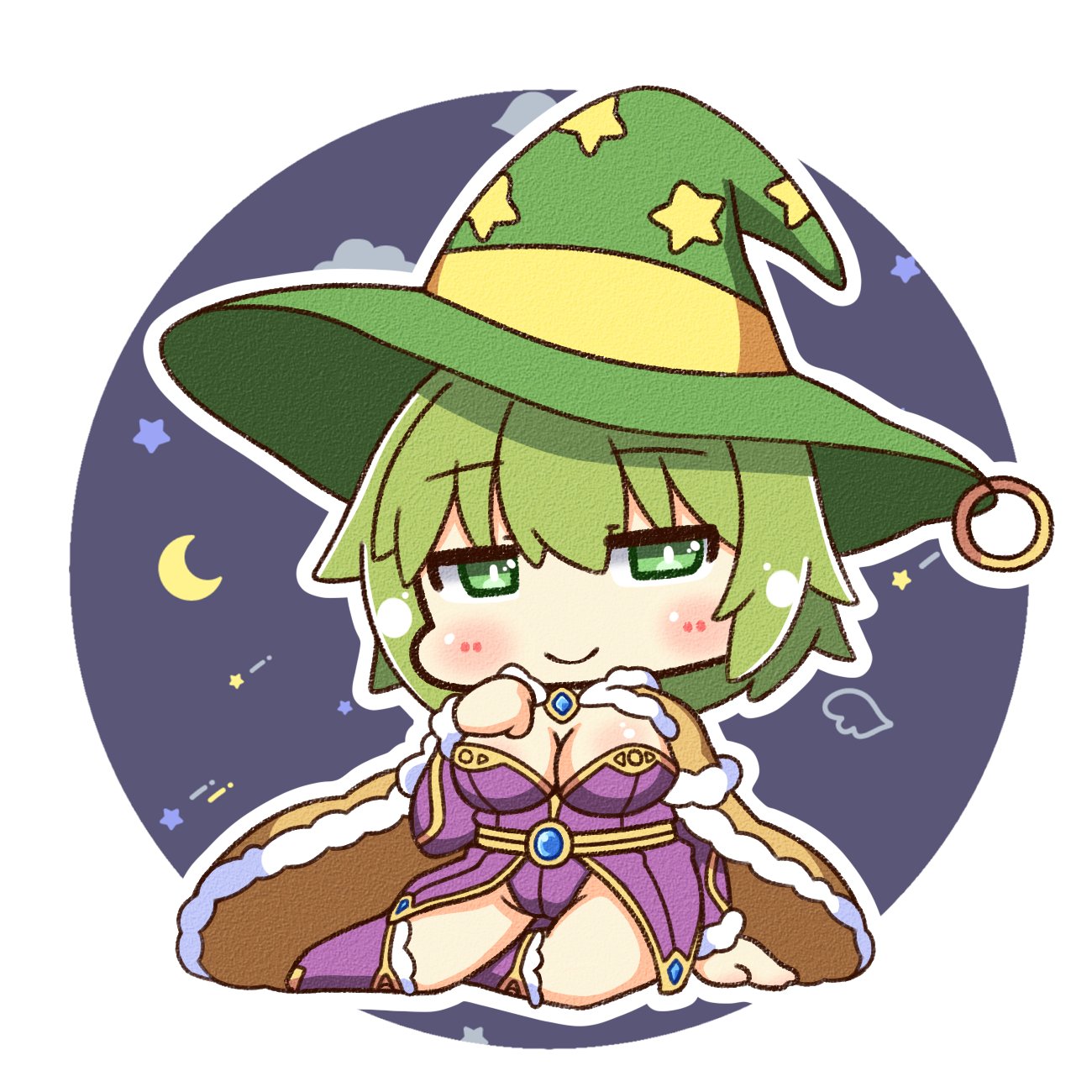 shizukushigure, wizard (ragnarok online), ragnarok online, commentary request, highres, 1girl, blush, boots, breasts, brown cape, canvas texture, cape, chibi, chibi only, cleavage, closed mouth, crescent, dress, full body, fur-trimmed boots, fur-trimmed cape, fur trim, gold trim, green eyes, green hair, green hat, hat, large breasts, looking at viewer, purple boots, purple dress, short hair, sitting, smile, solo, star (symbol), star print, white background, witch hat, yokozuwari