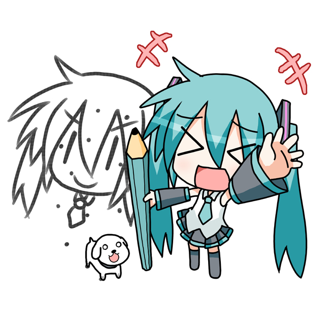 minami (colorful palette), chibi miku, hamo (dog), hatsune miku, vocaloid, drawing, > <, child's drawing, closed eyes, detached sleeves, dog, pencil, simple background, twintails, wooden pencil