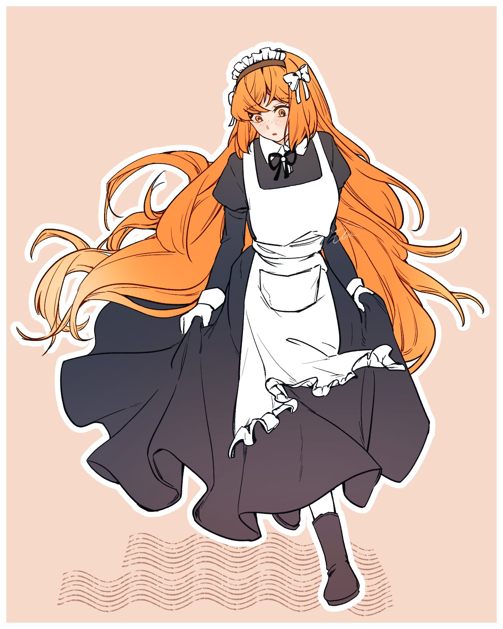 ishmael (project moon), limbus company, project moon, highres, 1girl, apron, black boots, black dress, boots, border, bow, dress, gloves, long hair, maid, maid apron, maid headdress, orange eyes, orange hair, pink background, sidelocks, simple background, solo, te4 p0t, very long hair, white apron, white border, white bow, white gloves, wuthering heights (identity) (project moon)