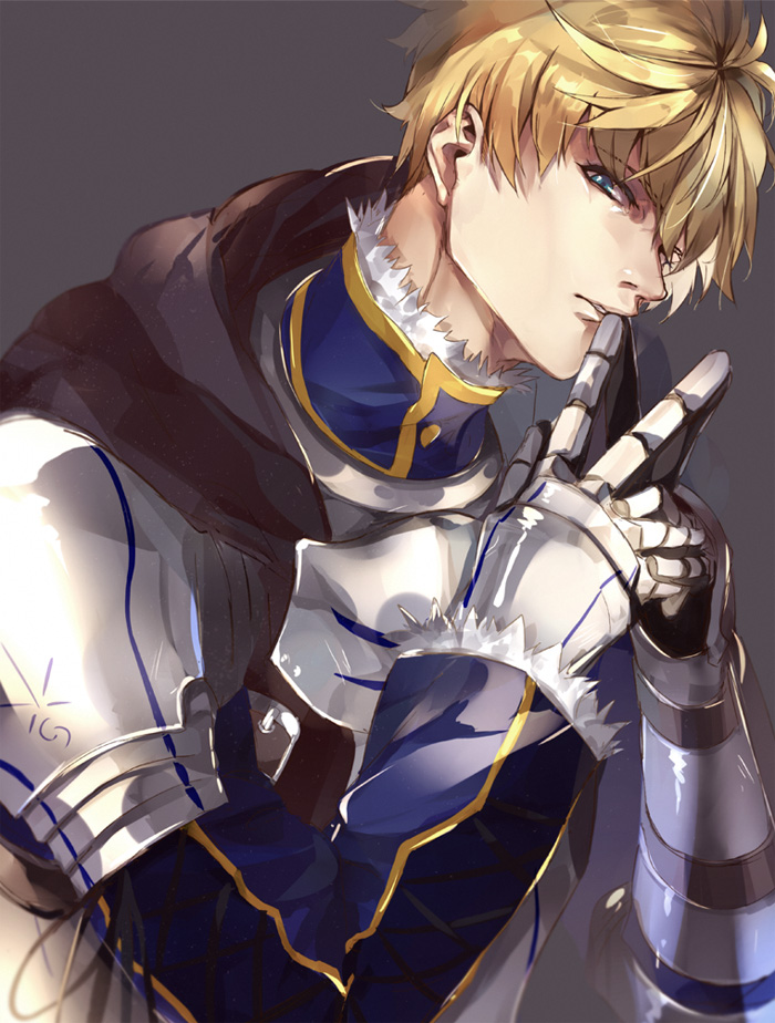 pvc parfait, arthur pendragon (fate), fate/grand order, fate (series), commentary request, 1boy, antenna hair, armor, black hood, black ribbon, blonde hair, blue eyes, blue shirt, breastplate, full armor, fur-trimmed shirt, fur-trimmed sleeves, fur trim, gauntlets, grey background, hair between eyes, hands up, lips, long sleeves, looking at viewer, male focus, pauldrons, ribbon, shirt, short hair, shoulder armor, simple background, solo, teeth, upper body, white armor
