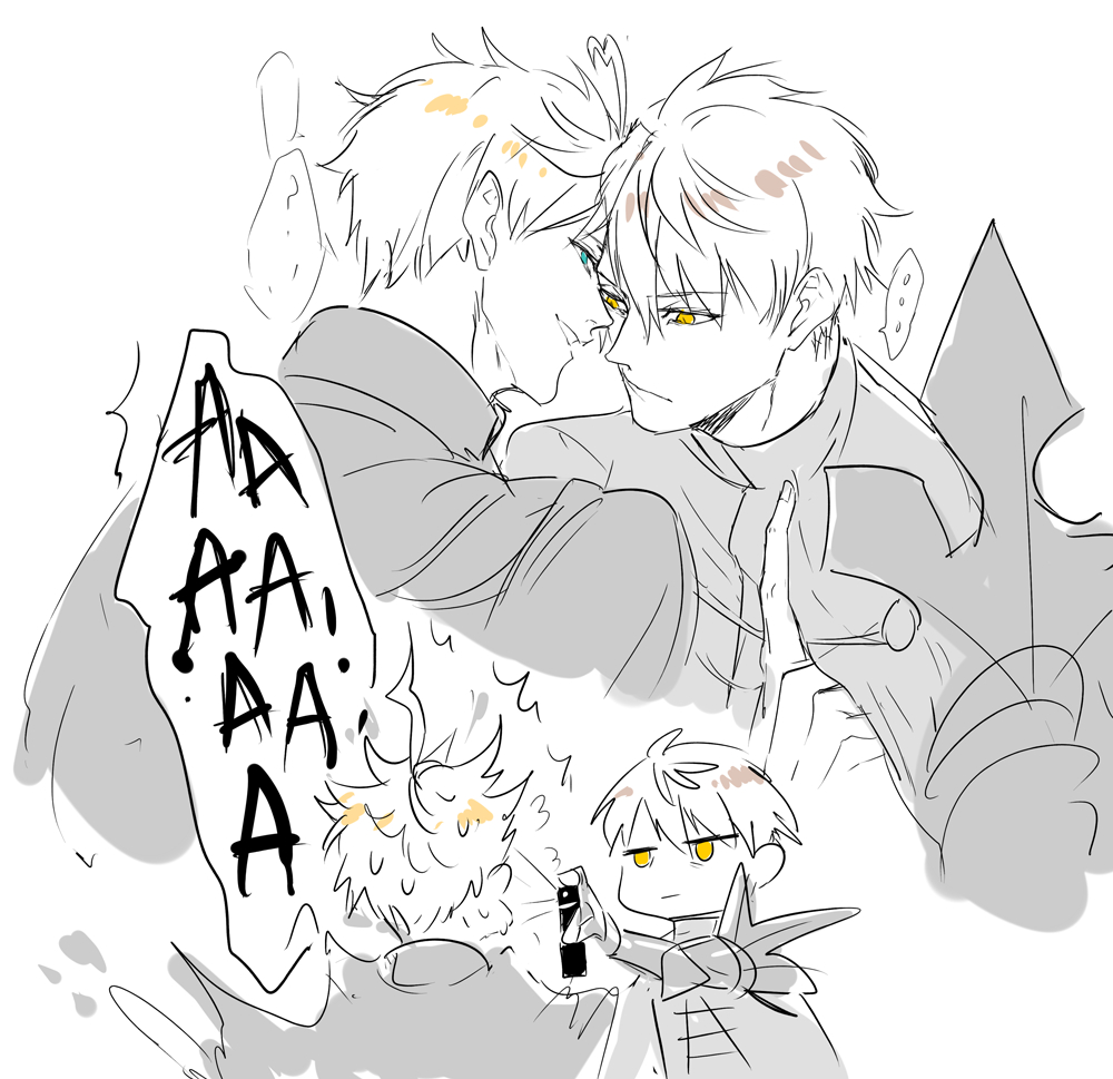 pvc parfait, arthur pendragon (fate), arthur pendragon alter (fate), fate/grand order, fate (series), commentary request, …, 2boys, ?, ^^^, ahoge, armor, blue eyes, closed mouth, dual persona, english text, from behind, gauntlets, greyscale, hair between eyes, half-closed eyes, hand up, heart, heart ahoge, holding, holding spray can, long sleeves, looking at another, male focus, monochrome, multiple boys, multiple views, pauldrons, selfcest, shirt, short hair, shoulder armor, simple background, smile, speech bubble, spoken ellipsis, spoken question mark, spray can, teeth, upper body, yaoi, yellow eyes