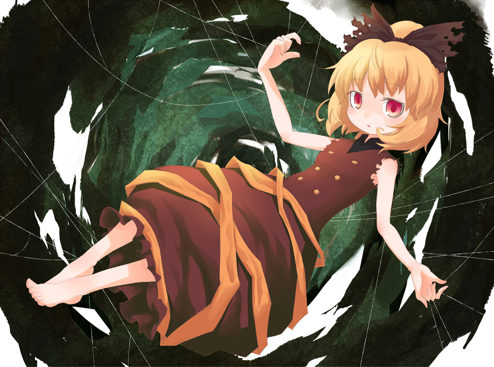 futaki nia, namiki nia, sooki, kurodani yamame, touhou, 1girl, barefoot, blonde hair, bow, buttons, dress, feet, female focus, hair bow, red eyes, sad, shirt, silk, sleeveless, sleeveless shirt, solo, spider web
