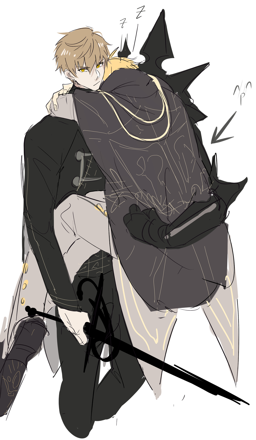 pvc parfait, arthur pendragon (fate), arthur pendragon alter (fate), fate/grand order, fate (series), commentary request, highres, 2boys, arrow (symbol), black cape, black pants, black shirt, black shoes, blonde hair, brown hair, cape, carrying, carrying person, clenched hand, closed mouth, cowboy shot, dual persona, fingernails, from behind, grey jacket, grey pants, hair between eyes, hand around waist, holding, holding sword, holding weapon, hug, jacket, long sleeves, looking at viewer, male focus, multiple boys, pants, selfcest, shirt, shoes, short hair, simple background, sleeping, standing, sword, v-shaped eyebrows, weapon, white background, yaoi, yellow eyes, zzz