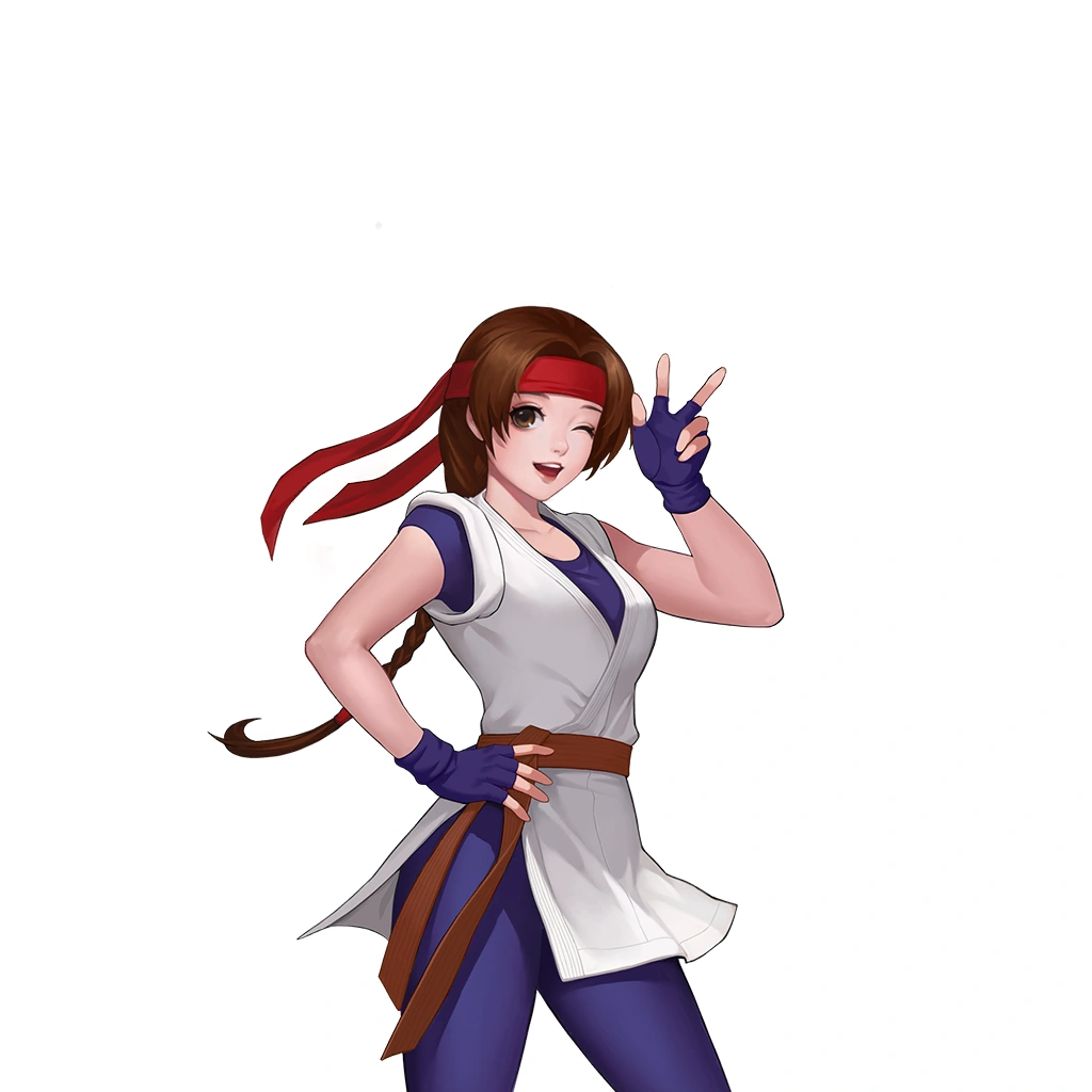 yuri sakazaki, the king of fighters, 1girl, braid, braided ponytail, breasts, brown eyes, brown hair, dougi, hairband, huge breasts, karate gi, large breasts, leggings, long hair, looking at viewer, one eye closed, pale skin, ponytail, smile, smiley face, thick thighs, thighs, wink