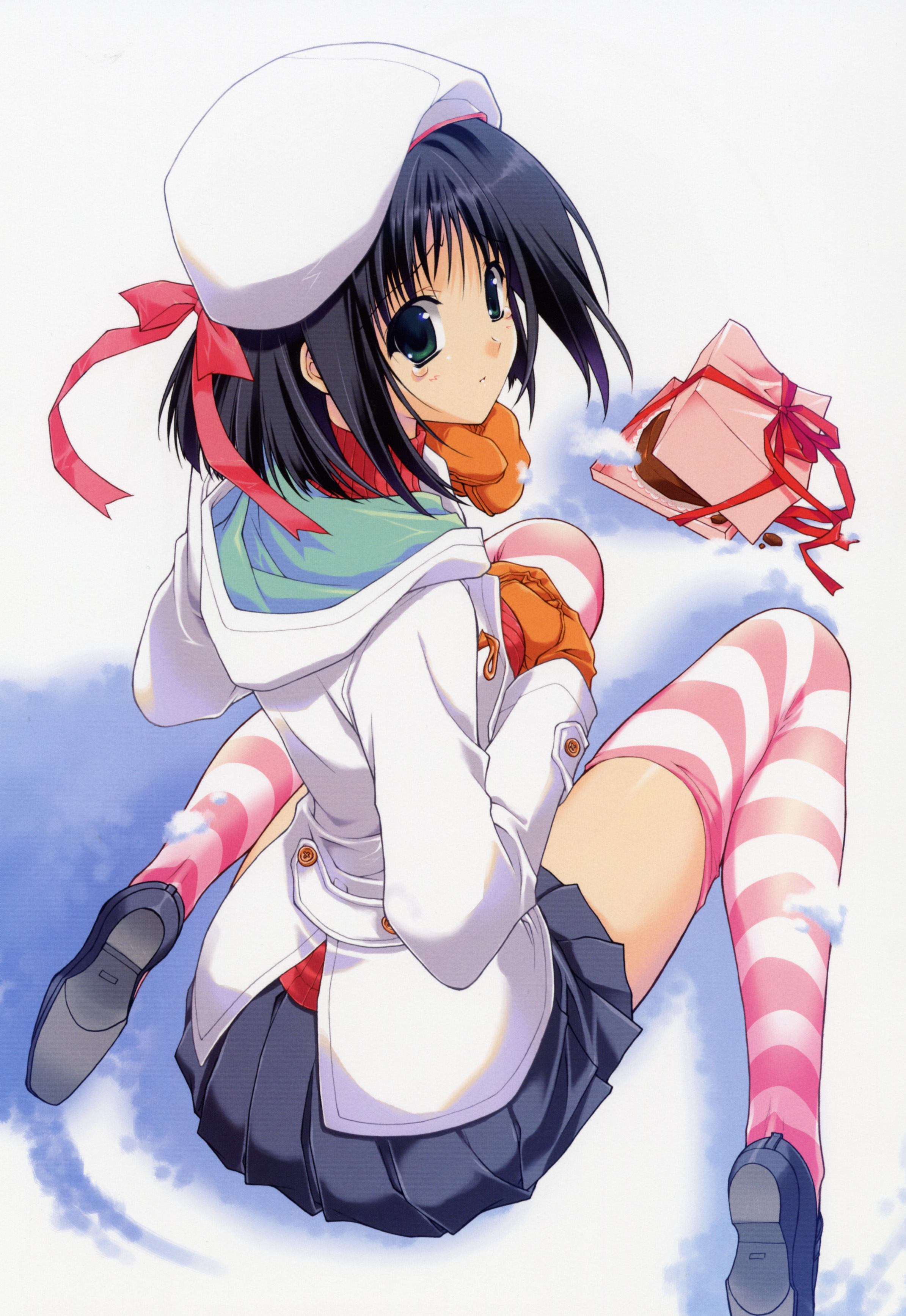 suzuhira hiro, absurdres, highres, scan, 1girl, beret, black hair, bow, buttons, chocolate, female focus, from behind, hat, looking back, mittens, pleated skirt, sad, scarf, shoes, short hair, sitting, skirt, snow, solo, striped clothes, striped thighhighs, tears, thighhighs, valentine, wariza