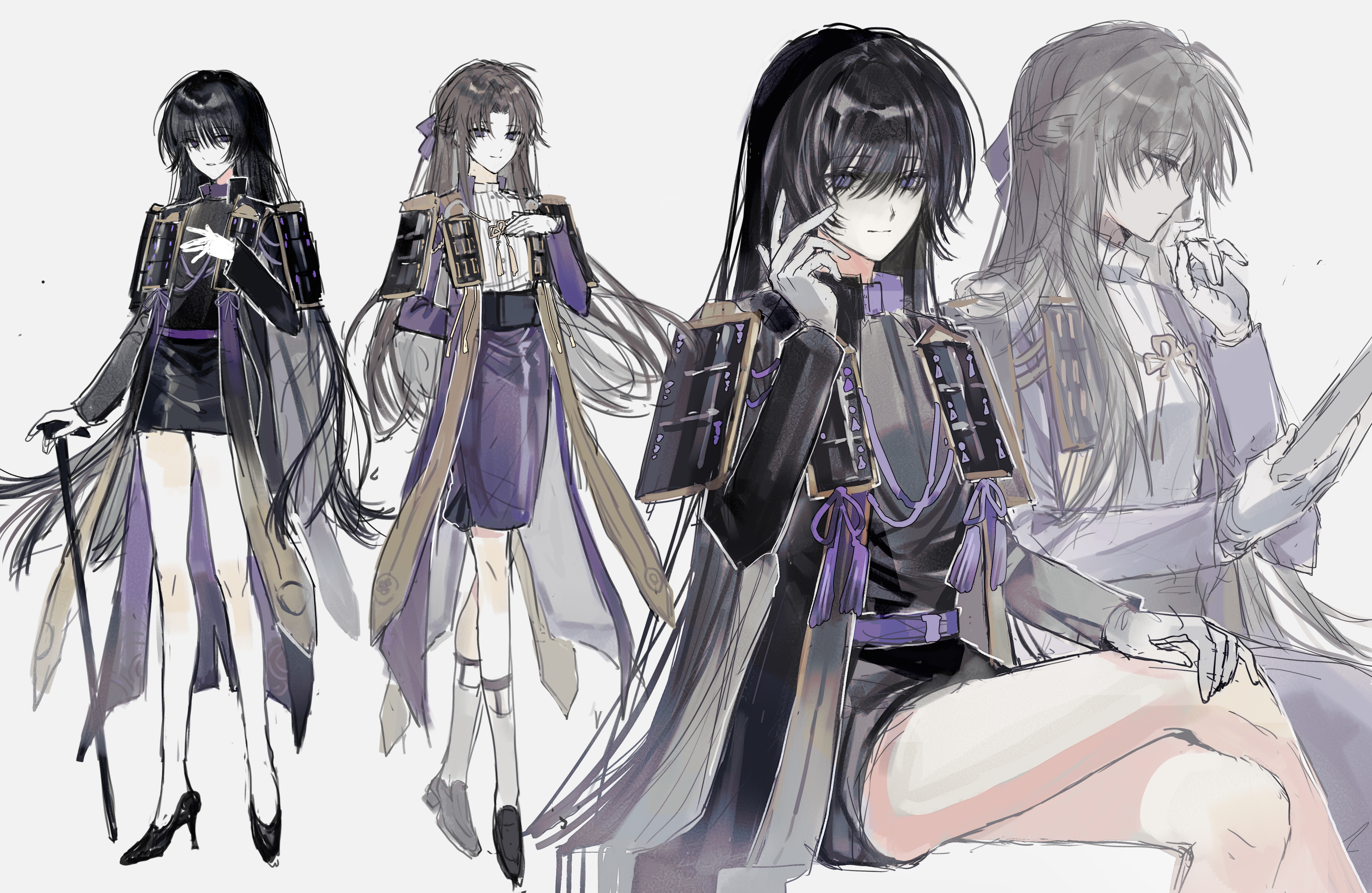 enderrabbit, touken ranbu, absurdres, character request, highres, 2girls, armor, black coat, black hair, black shirt, black shoes, black skirt, bow, braid, brown hair, cane, closed mouth, coat, crossed legs, curtained hair, genderswap, genderswap (mtf), gloves, hair bow, hair over eyes, hand on own chest, hand on own knee, hand up, high heels, holding, holding cane, japanese armor, legwear garter, long bangs, long hair, long sleeves, miniskirt, multiple girls, open clothes, open coat, parted bangs, pencil skirt, purple bow, purple coat, purple eyes, shirt, shoes, shoulder armor, sitting, skirt, smile, socks, tassel, very long hair, white gloves, white shirt, white socks
