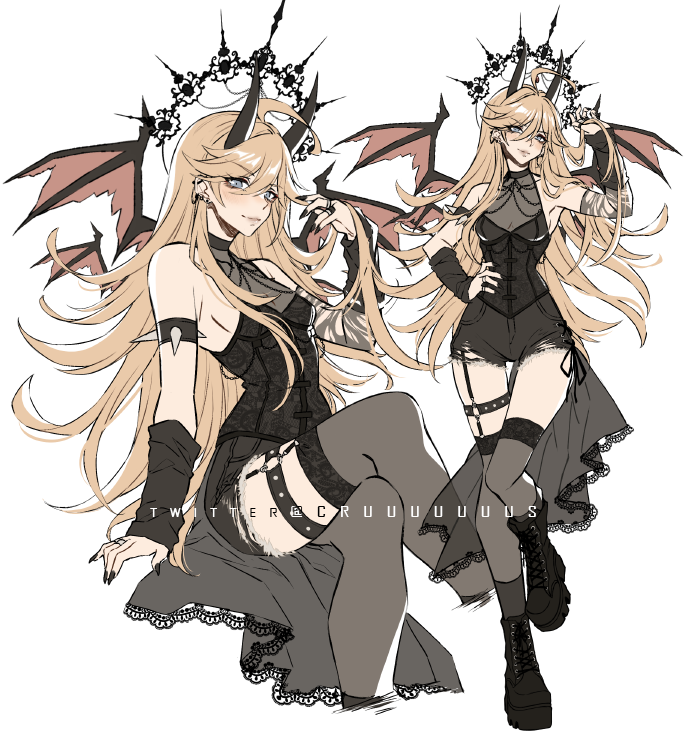 criis-chan, panty (psg), panty & stocking with garterbelt, 1girl, alternate costume, angel, bat wings, black choker, black dress, blonde hair, blue eyes, boots, breasts, choker, cleavage, dress, earrings, elbow spikes, english text, fake horns, fingernails, goth fashion, horns, jewelry, kneehighs, legs, long fingernails, long hair, looking at viewer, medium breasts, see-through clothes, simple background, smile, socks, solo, spikes, thighs, twitter username, white background, wings