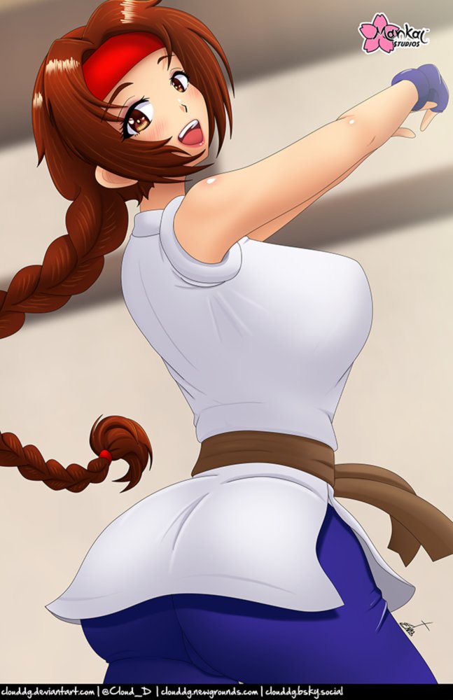 cloudddddddd, yuri sakazaki, the king of fighters, 1girl, ass, braid, braided ponytail, breasts, brown eyes, brown hair, cloud d, cloudd, dougi, female focus, from behind, hairband, huge ass, karate gi, large breasts, leggings, long hair, looking at viewer, looking back, open mouth, pants, skin tight, skirt, smile, smiley face, spandex, standing, thick thighs, thighs, toned, toned female, yoga pants