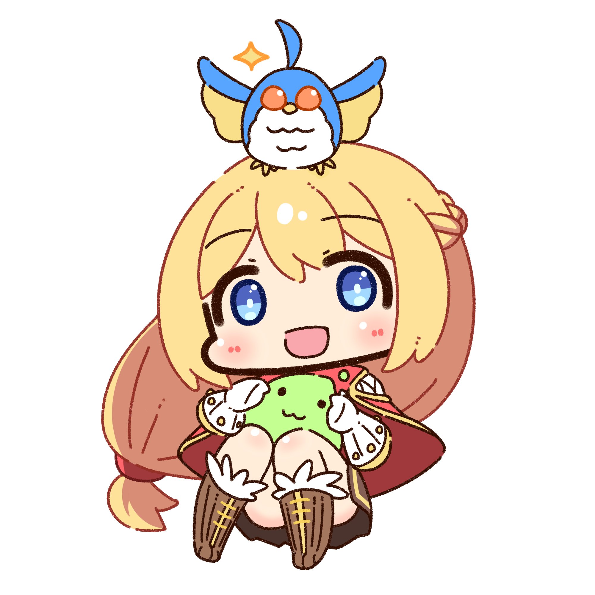 shizukushigure, creator (ragnarok online), filir (ragnarok online), poporing, ragnarok online, commentary request, highres, 1girl, :3, :d, animal, animal on head, bird, bird on head, blonde hair, blue eyes, blush, boots, brown boots, cape, chibi, chibi only, full body, fur-trimmed boots, fur trim, gloves, long hair, looking at viewer, low-tied long hair, on head, open mouth, red cape, simple background, sitting, slime (creature), smile, solo, very long hair, white background, white gloves