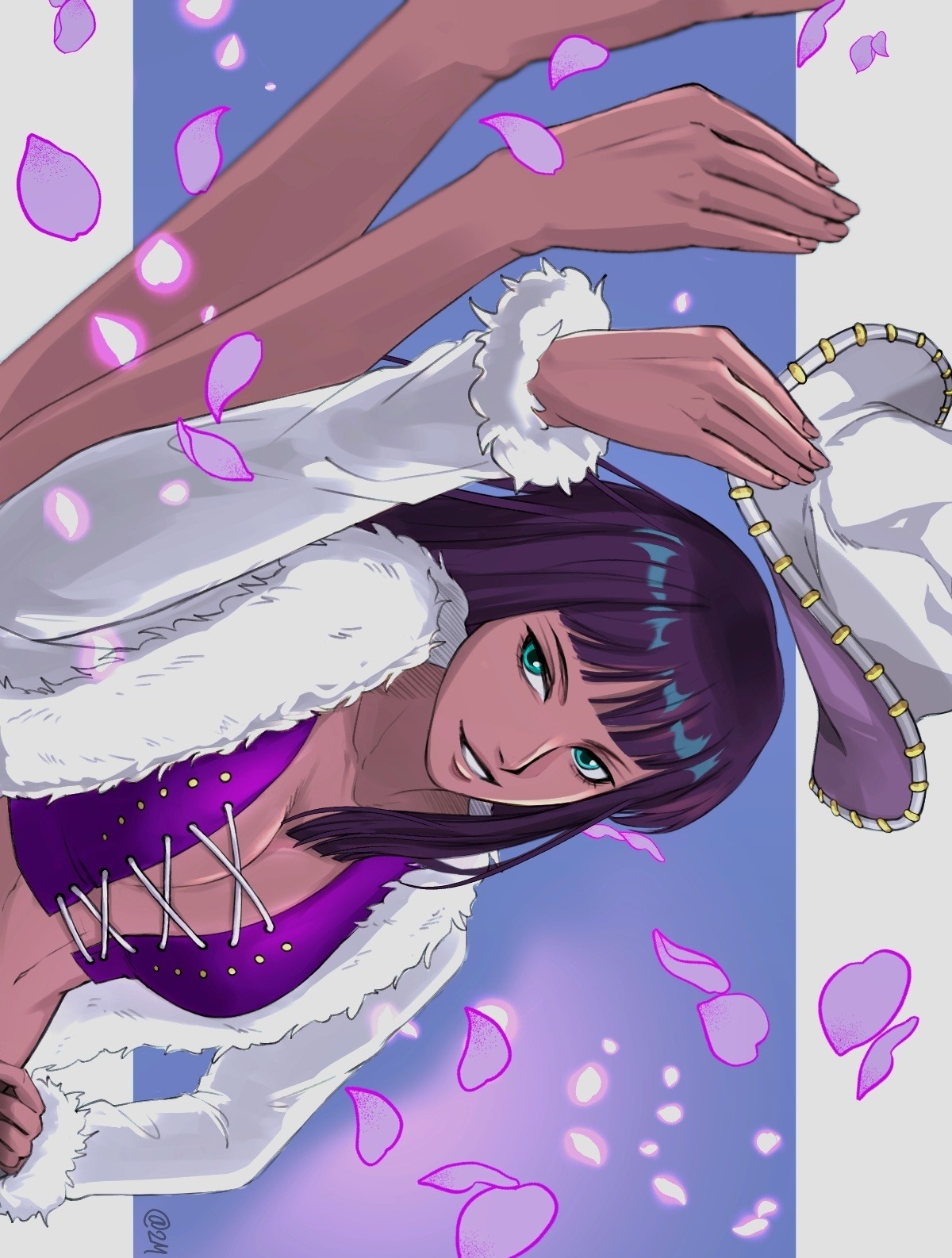 27930529, nico robin, one piece, commentary, english commentary, highres, 1girl, black hair, blue eyes, blunt bangs, coat, cross-laced clothes, cross-laced top, extra arms, falling petals, fur-trimmed coat, fur trim, hat, holding, holding unworn clothes, holding unworn hat, long hair, petals, pink petals, purple shirt, shirt, smile, solo, unworn hat, unworn headwear, upper body, white coat