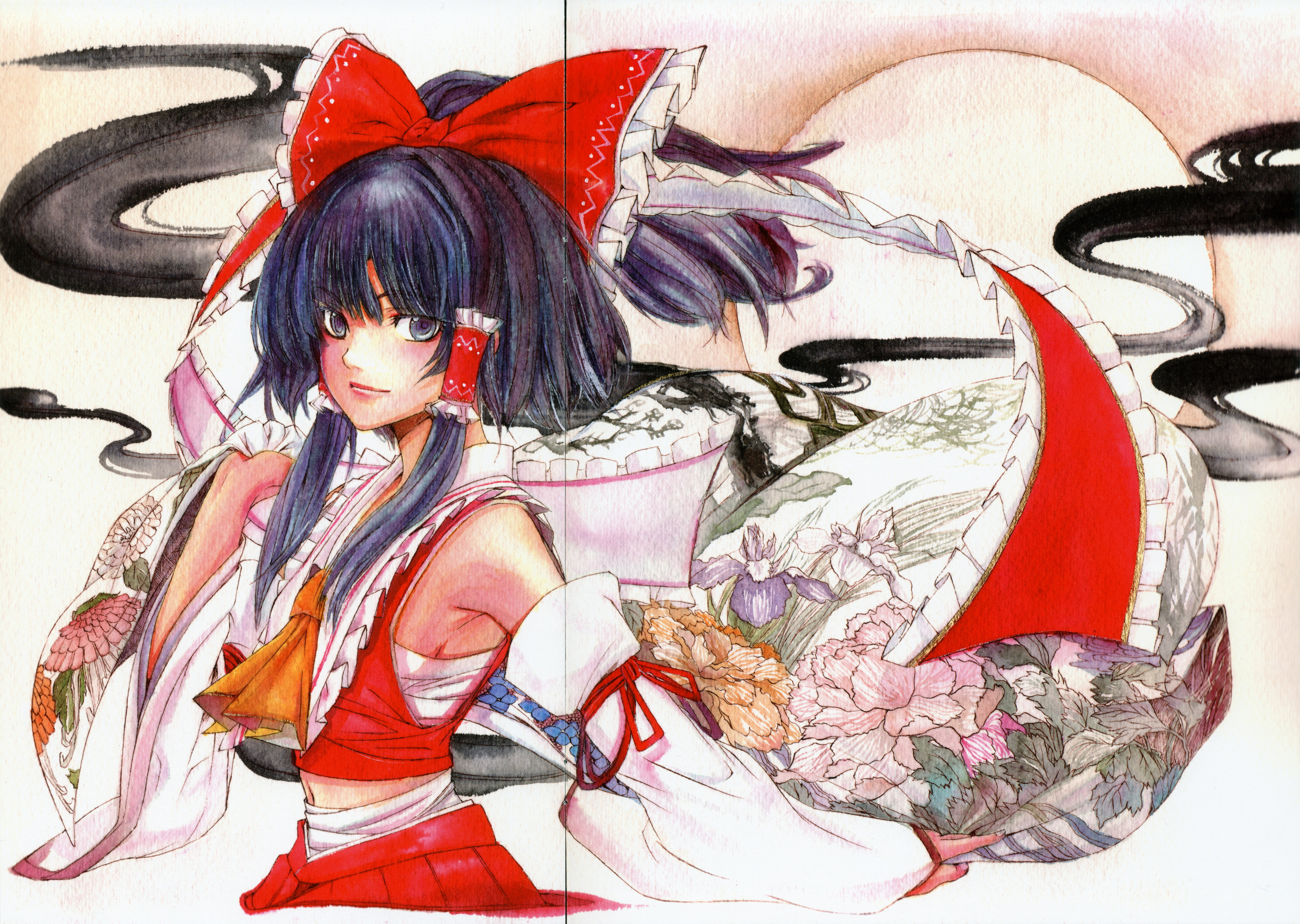 koyomiuta, hakurei reimu, imperishable night, touhou, absurdres, highres, traditional media, 1girl, armpits, black eyes, black hair, bow, detached sleeves, female focus, gradient background, hair bow, japanese clothes, midriff, miko, navel, ribbon, sarashi, skirt, solo, white background
