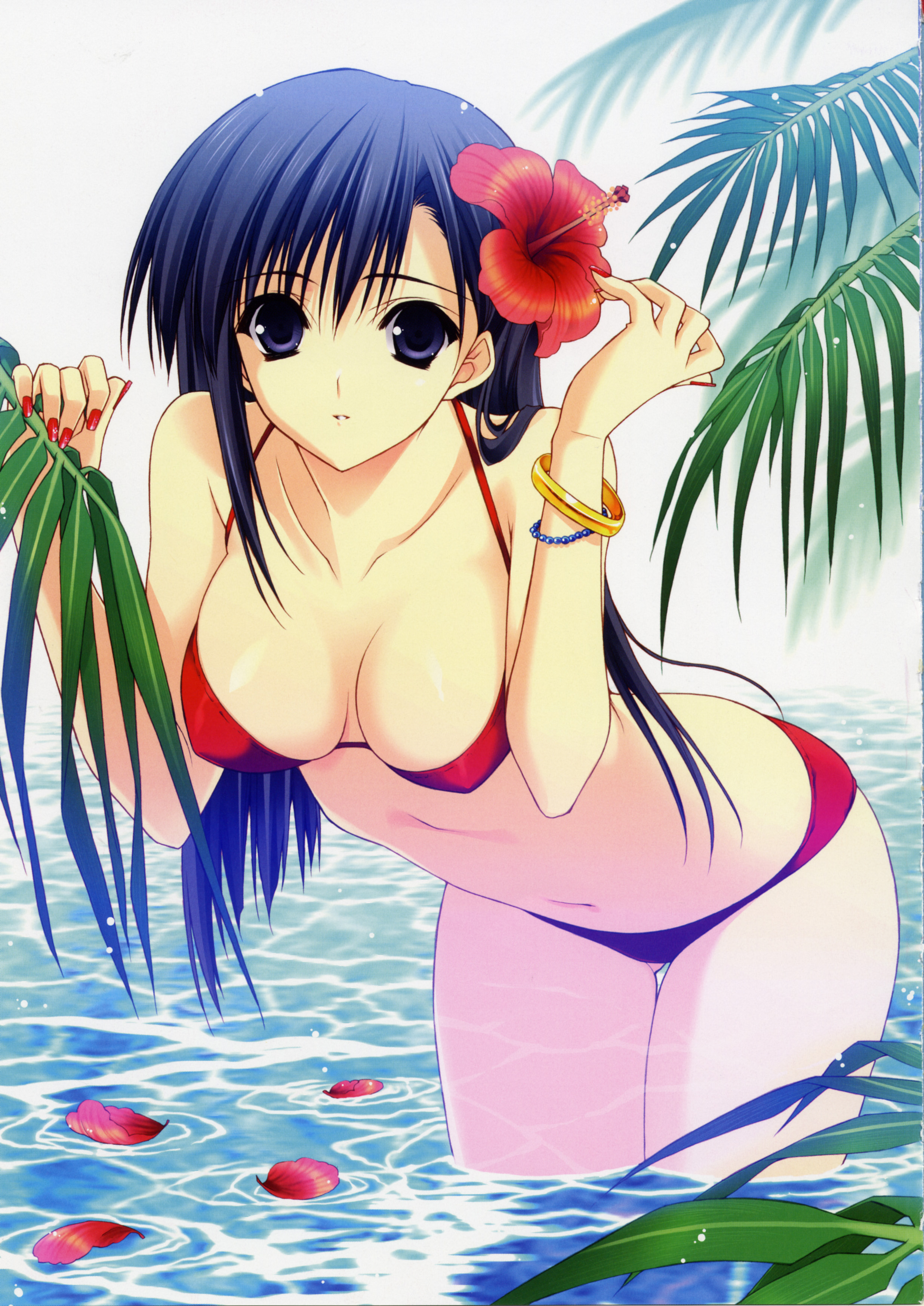 suzuhira hiro, absurdres, highres, scan, 1girl, bikini, bracelet, breasts, cleavage, female focus, fingernails, flower, hair flower, hair ornament, hibiscus, jewelry, large breasts, leaning forward, looking at viewer, nail polish, navel, ocean, petals, red bikini, red nails, solo, swimsuit, wading, water