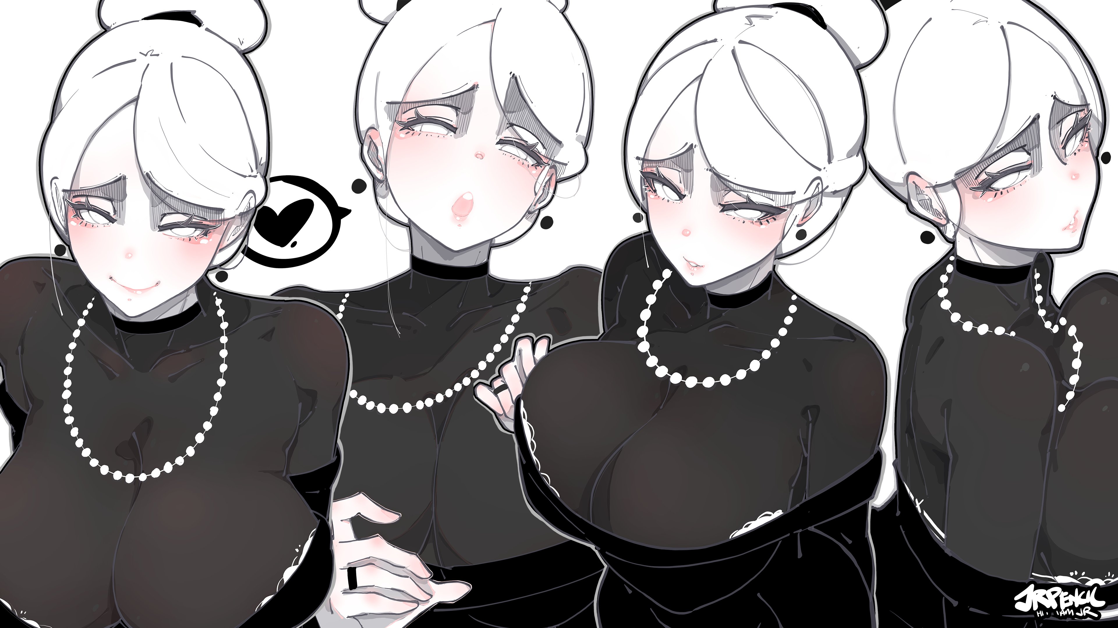 jrpencil, original, absurdres, bilingual commentary, commentary, english commentary, highres, mixed-language commentary, 1girl, artist name, black dress, breasts, closed mouth, covered collarbone, dress, earrings, floating earrings, hair bun, heart, jewelry, large breasts, looking at viewer, multiple views, necklace, open mouth, parted bangs, parted lips, pearl necklace, raised inner eyebrows, ring, short hair, simple background, single hair bun, smile, speech bubble, spoken heart, white background, white eyes, white hair