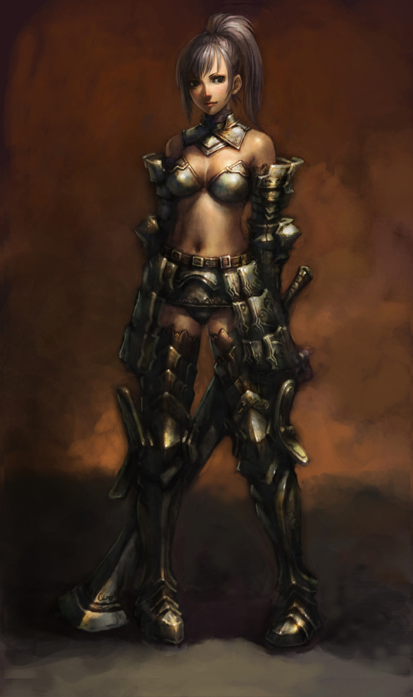 docoi, original, bad id, bad pixiv id, 1girl, armor, boots, brown eyes, fantasy, female focus, navel, ponytail, purple hair, solo, sword, thigh boots, thighhighs, weapon