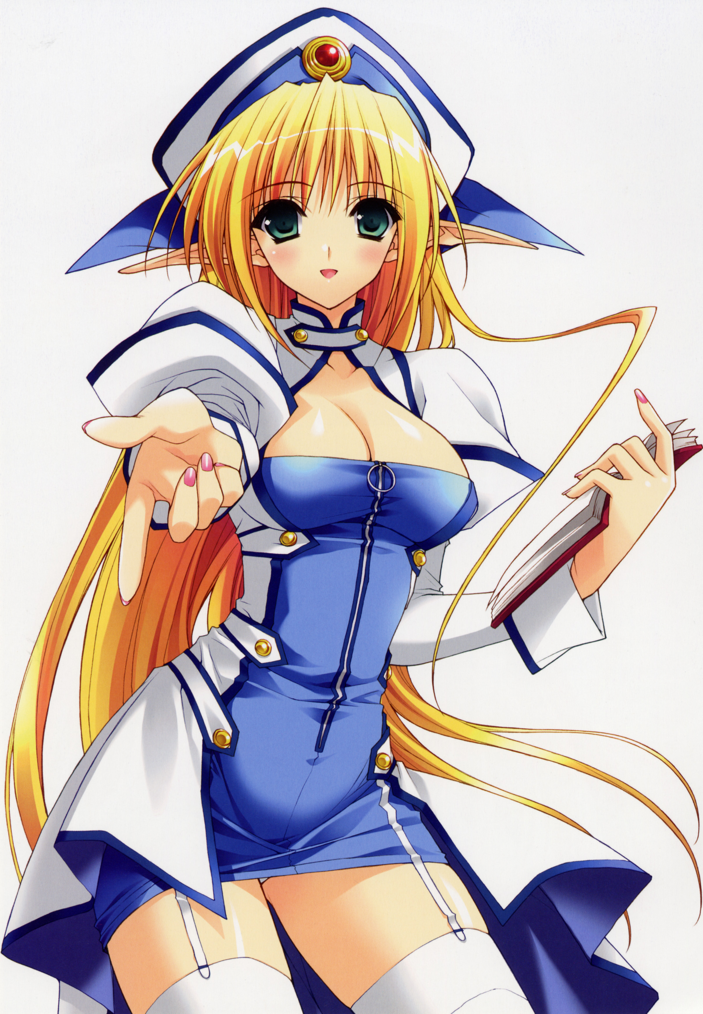 suzuhira hiro, absurdres, highres, scan, 1girl, blonde hair, book, breasts, cleavage, female focus, fingernails, hat, long hair, nail polish, pink nails, pointy ears, solo, thighhighs