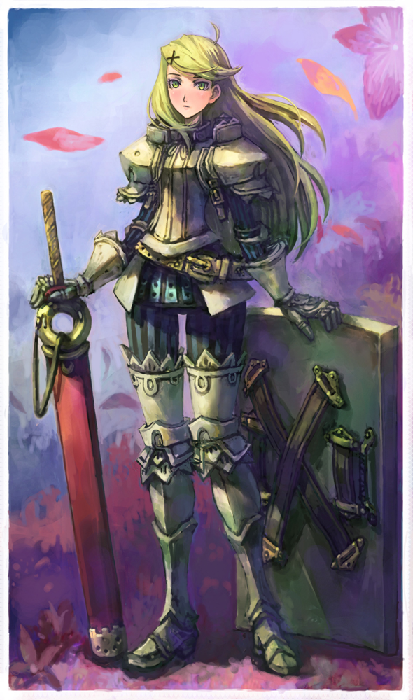 docoi, kate (7th dragon), knight (7th dragon), 7th dragon, 7th dragon (series), bad id, bad pixiv id, 1girl, armor, belt, belt skirt, blonde hair, blush, female focus, flower, green eyes, hair ornament, hairclip, long hair, petals, shield, solo, sword, weapon