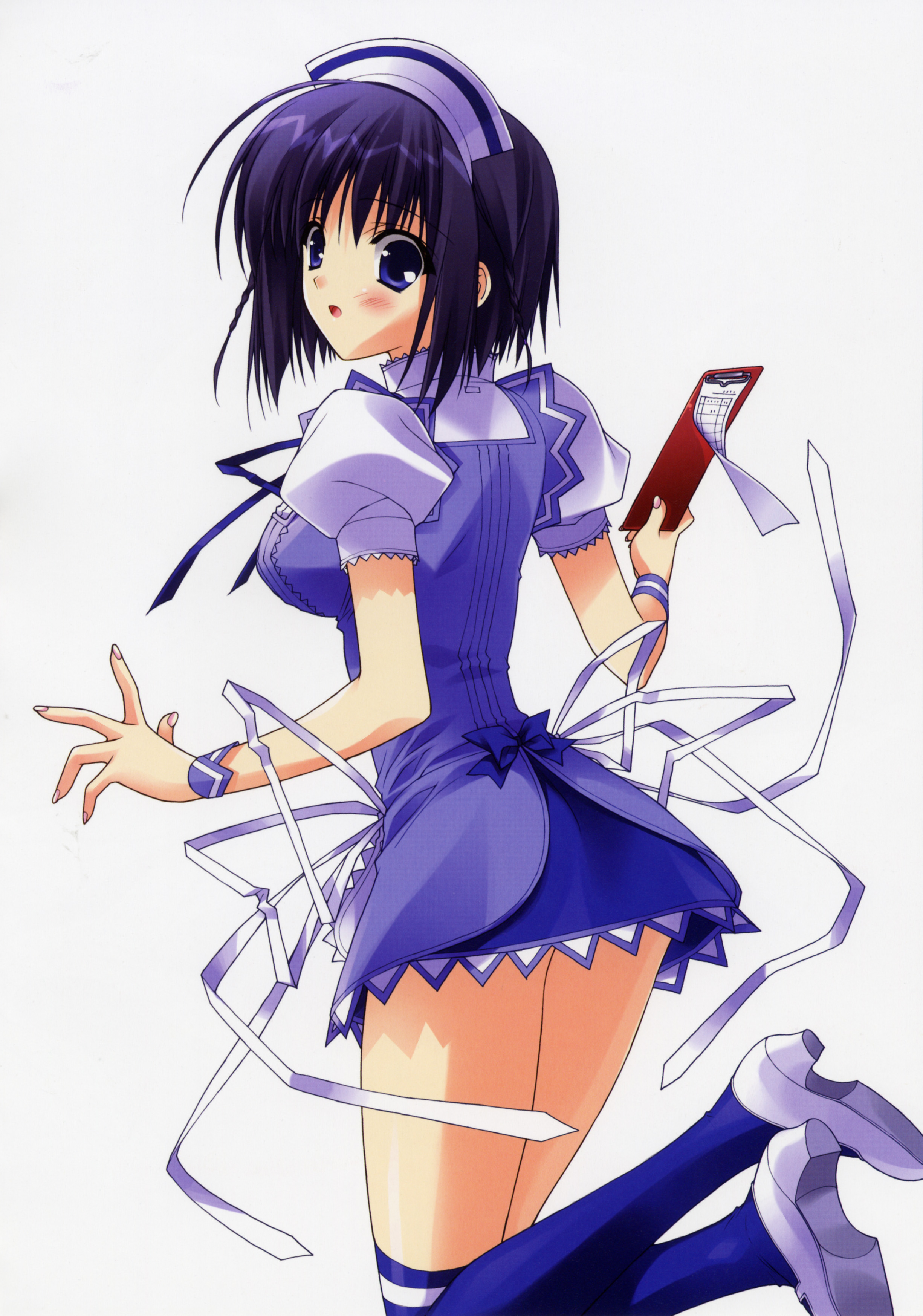 suzuhira hiro, hasegawa kotori, berry's, absurdres, highres, scan, 1girl, blush, female focus, from behind, headdress, kneehighs, looking back, shoes, short hair, socks, solo, thighhighs, waitress, waitress uniform