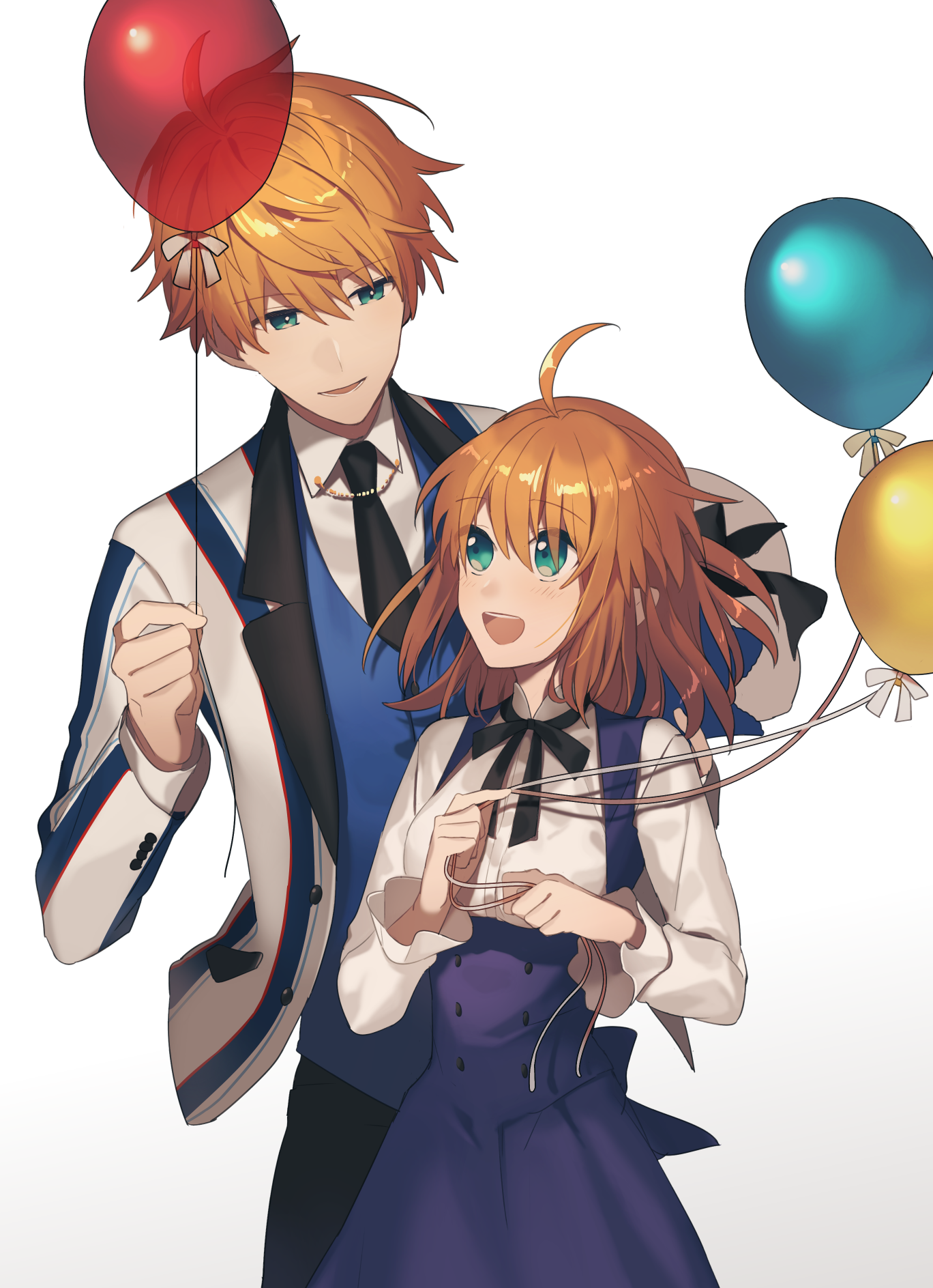 sayu (kamicimo), arthur pendragon (fate), arthur pendragon (formal dress) (fate), fujimaru ritsuka (female), fujimaru ritsuka (female) (anniversary blonde), fate/grand order, fate (series), commentary request, highres, 1boy, 1girl, ahoge, aqua eyes, balloon, black bow, black bowtie, black necktie, black pants, blonde hair, blue skirt, blue vest, blush, bow, bowtie, breasts, buttons, chain, collared shirt, cowboy shot, formal clothes, gold chain, hair between eyes, hair bow, half-closed eyes, hand up, hands up, high-waist skirt, holding, holding balloon, jacket, lapels, long sleeves, looking at another, mandarin collar, medium breasts, necktie, official alternate costume, open clothes, open jacket, open mouth, open vest, orange hair, pants, pocket, puffy long sleeves, puffy sleeves, shirt, short hair, sidelocks, skirt, smile, standing, striped clothes, striped jacket, suit, suit jacket, teeth, tongue, vest, white bow, white jacket, white shirt, wing collar