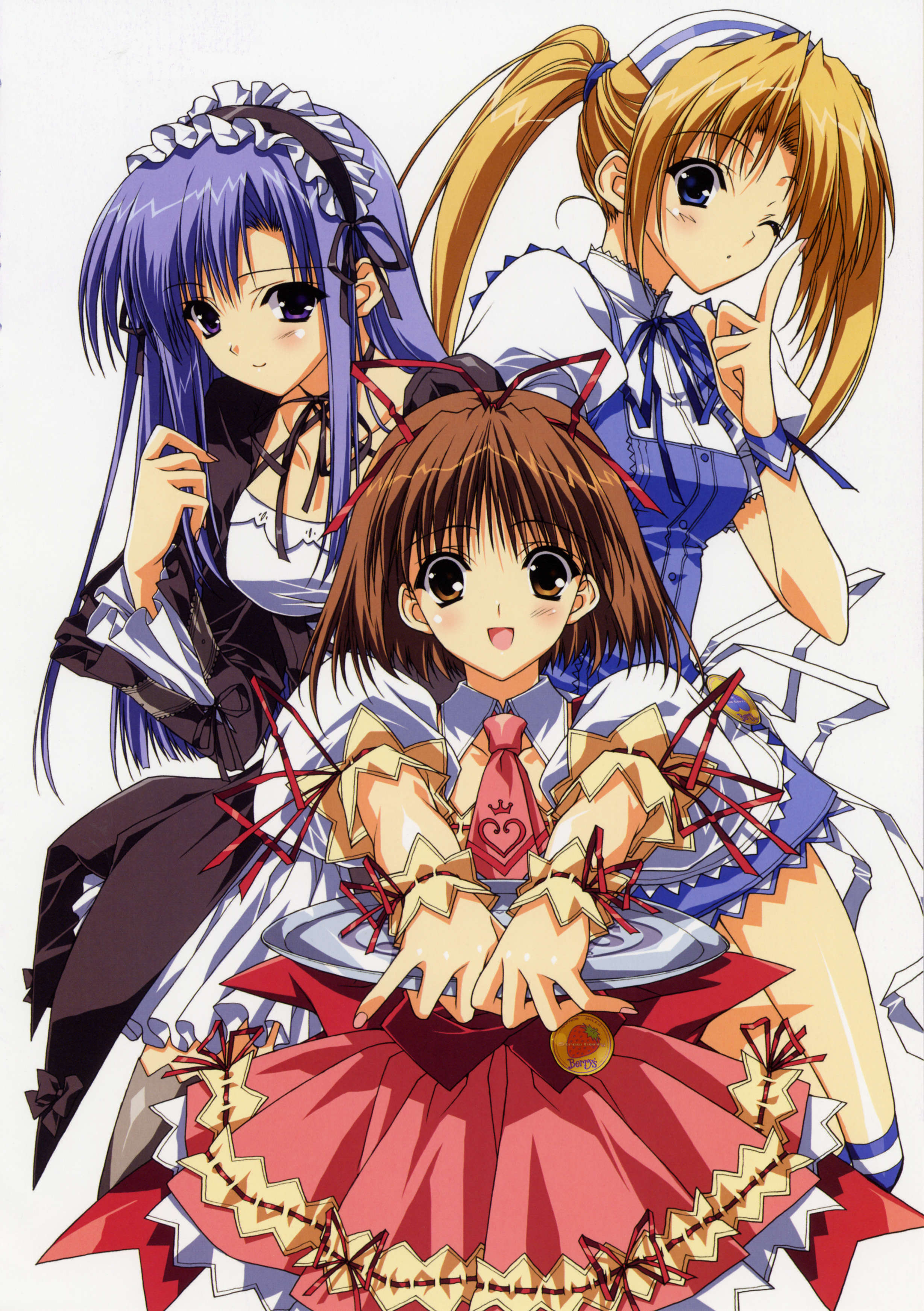 suzuhira hiro, berry's, absurdres, highres, scan, 3girls, dress, frills, headband, headdress, kneehighs, lolita fashion, maid, multiple girls, ribbon, socks, striped clothes, striped socks