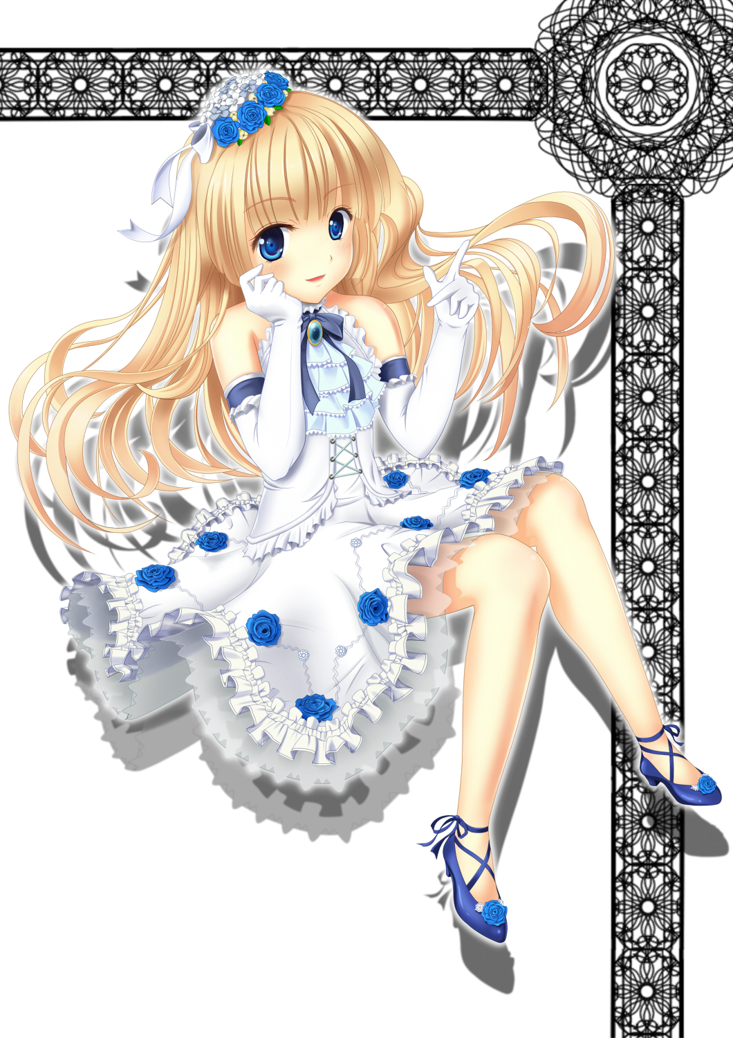 u-suke (supertie), original, highres, 1girl, ascot, blonde hair, blue eyes, blue flower, blue rose, blue shoes, brooch, dress, elbow gloves, female focus, flat chest, flower, footwear flower, frilled dress, frills, full body, gloves, hair flower, hair ornament, hand on own cheek, hand on own face, invisible chair, jewelry, knees together feet apart, long hair, looking at viewer, rose, shoes, simple background, sitting, smile, solo, white background, white dress, white gloves