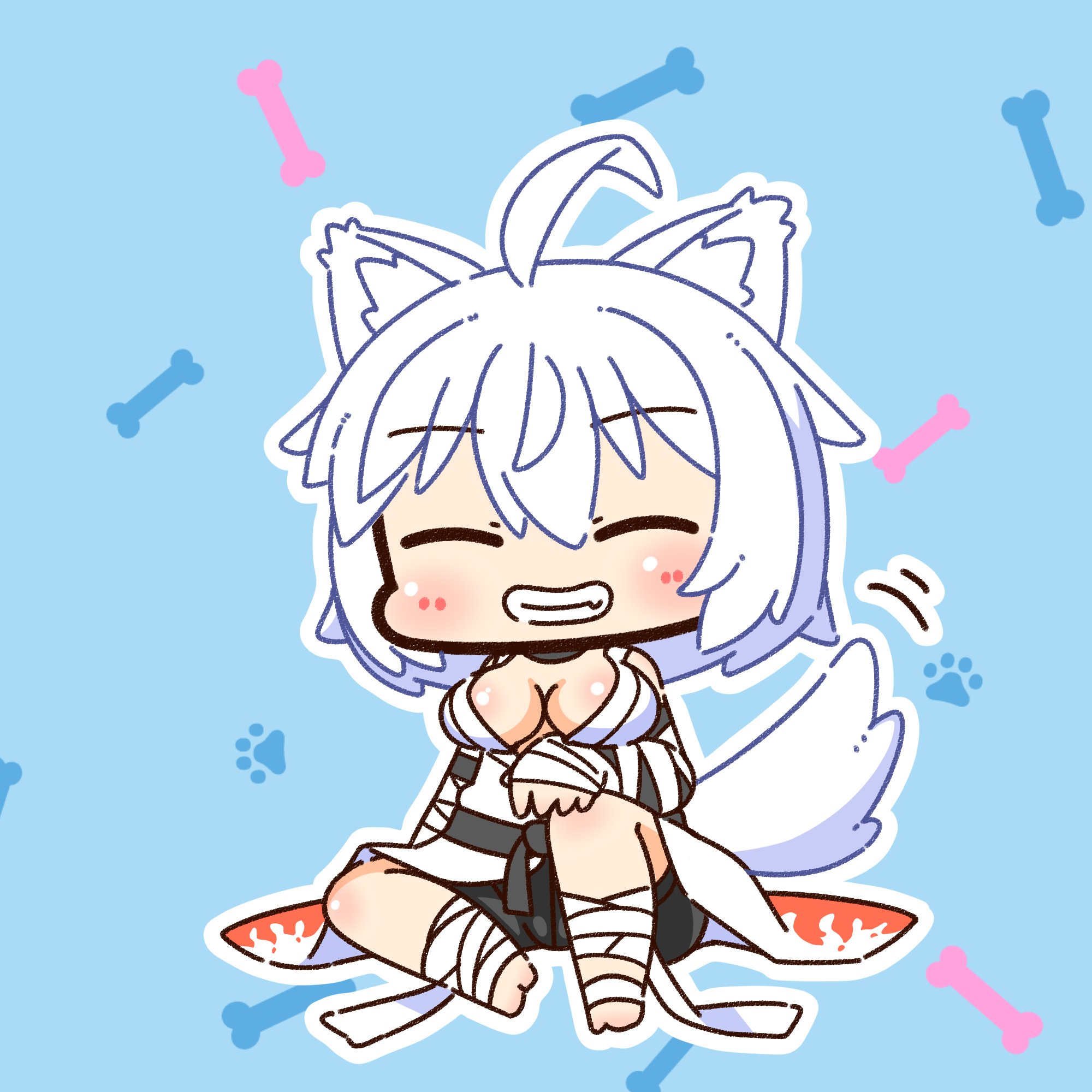 shizukushigure, sura (ragnarok online), ragnarok online, commentary request, highres, 1girl, animal ears, arm wrap, black shorts, blue background, blush, breasts, chibi, chibi only, cleavage, closed eyes, dog ears, dog girl, dog tail, foot wraps, full body, grin, hair between eyes, large breasts, official alternate costume, shirt, short hair, shorts, sitting, sleeveless, sleeveless shirt, smile, solo, tail, white hair, white shirt