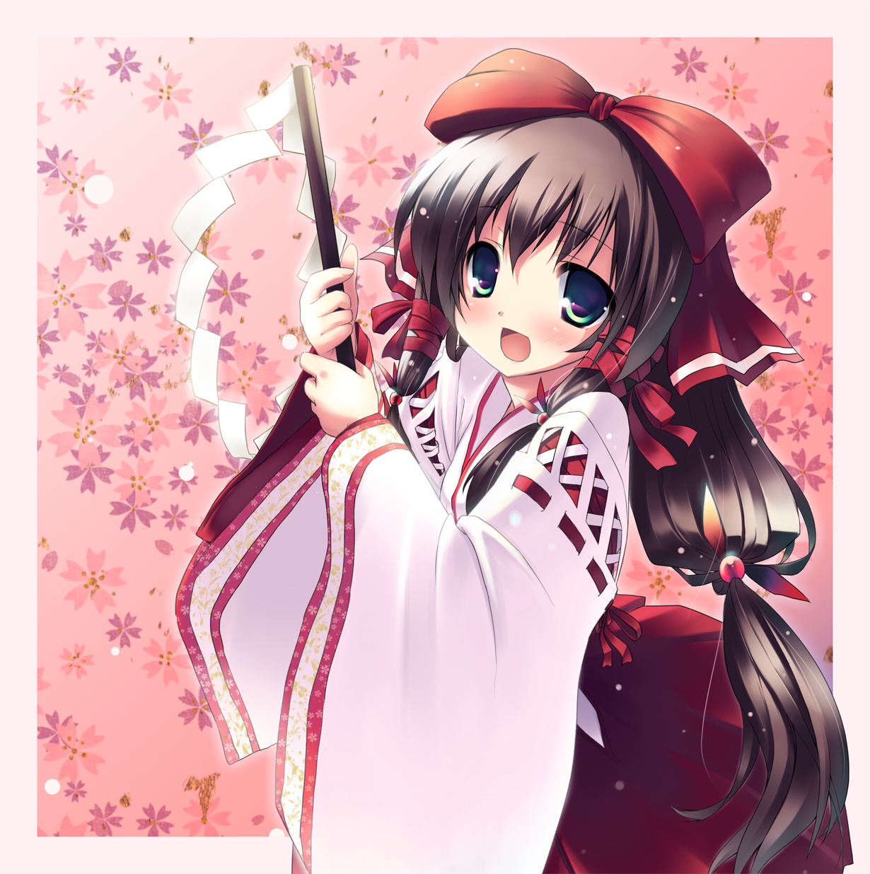 usume shirou, original, highres, 1girl, blue eyes, blush, bow, brown hair, female focus, gohei, hair bobbles, hair bow, hair ornament, hair ribbon, japanese clothes, long hair, miko, multicolored eyes, ribbon, solo