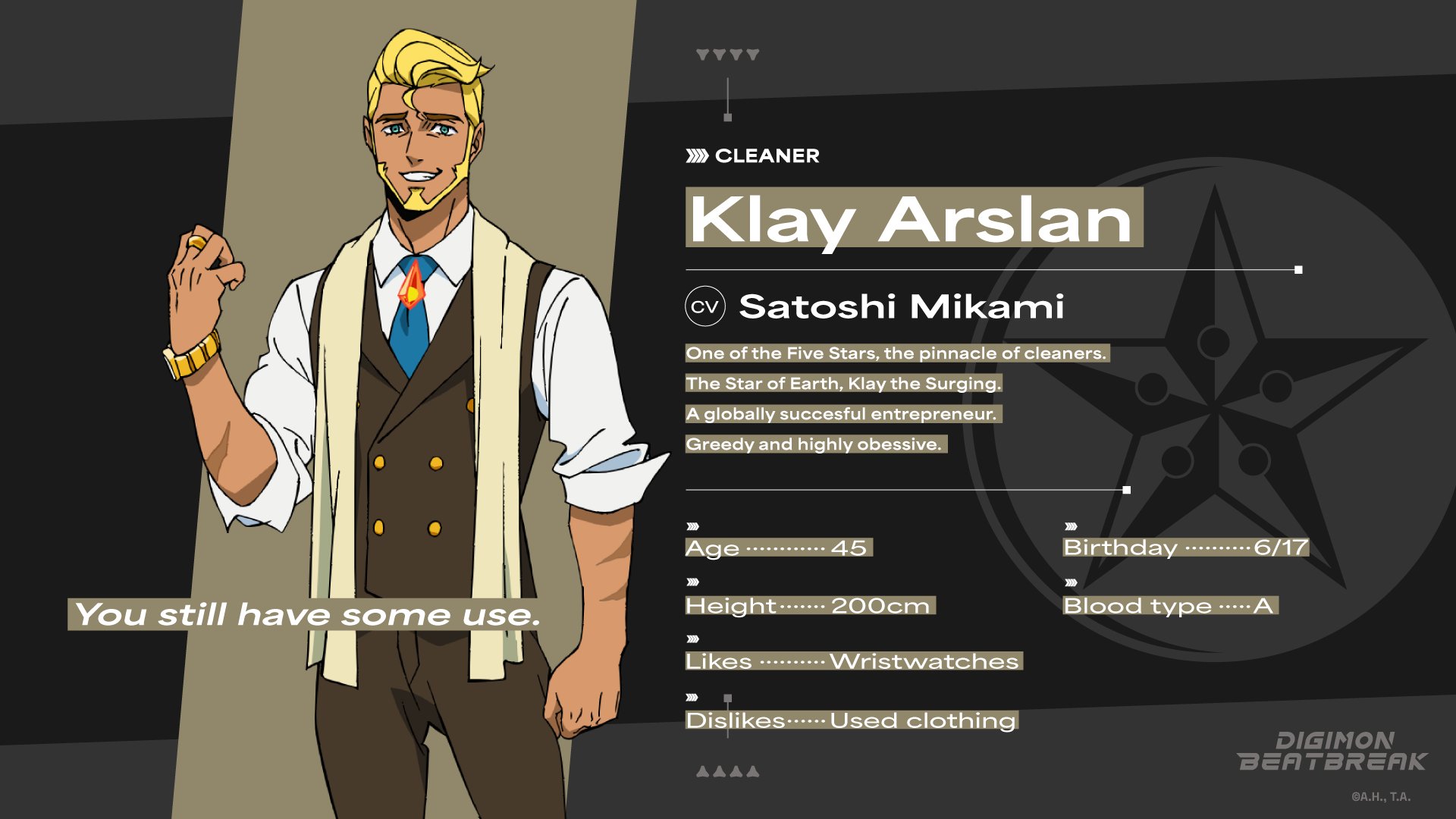 digimon, digimon beatbreak, official art, blonde hair, blue eyes, english text, klay arslan, looking at viewer, necktie, profile