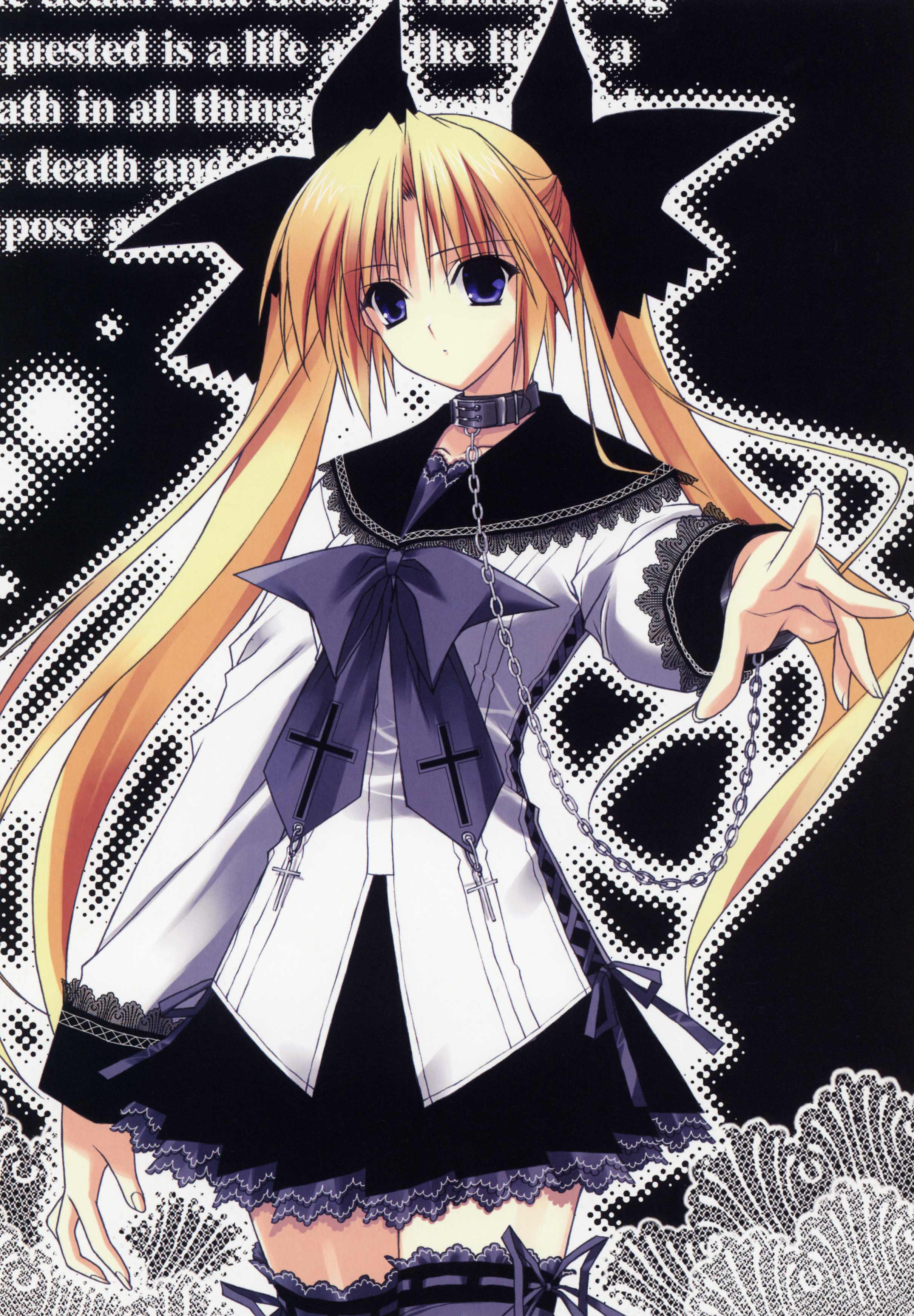 suzuhira hiro, absurdres, highres, scan, blonde hair, chain, choker, frills, gothic lolita, lolita fashion, long hair, skirt, solo, thighhighs, twintails, zettai ryouiki