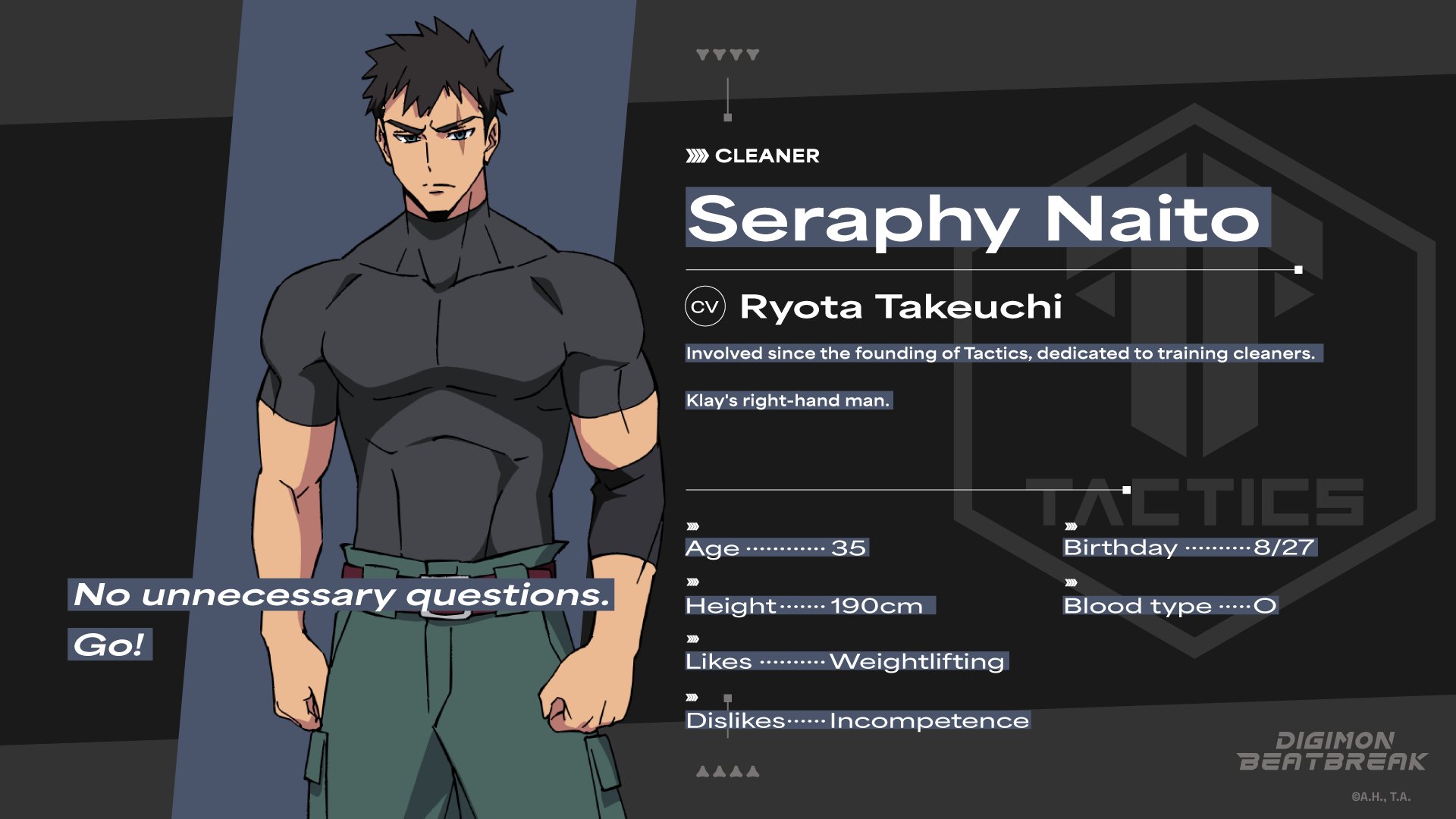 digimon, digimon beatbreak, official art, belt, english text, looking at viewer, muscular, muscular male, naito seraphy, profile, scar