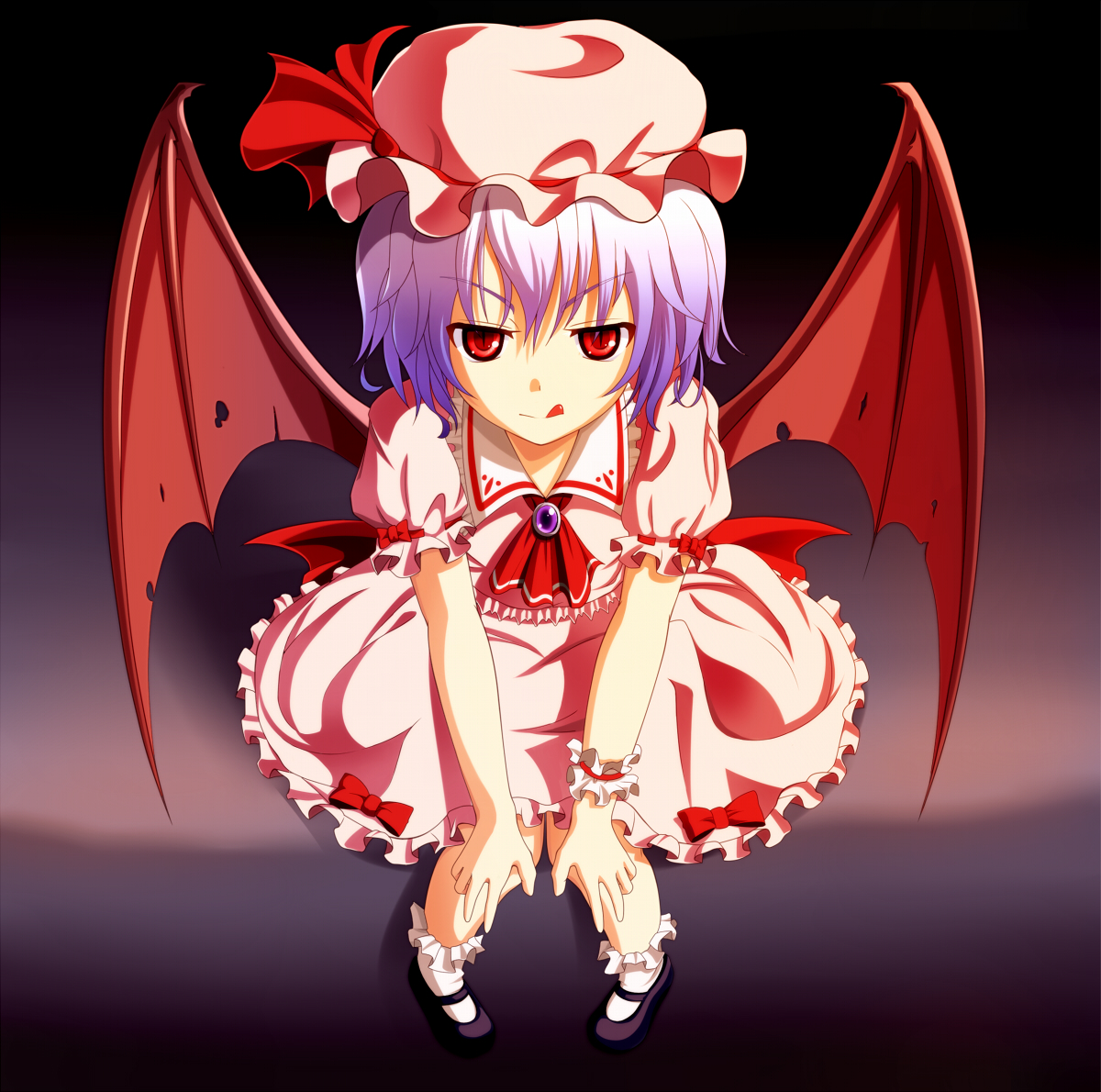 u-suke (supertie), remilia scarlet, touhou, 1girl, bat wings, dress, female focus, full body, hat, looking up, mary janes, purple hair, red eyes, shoes, sitting, solo, wings