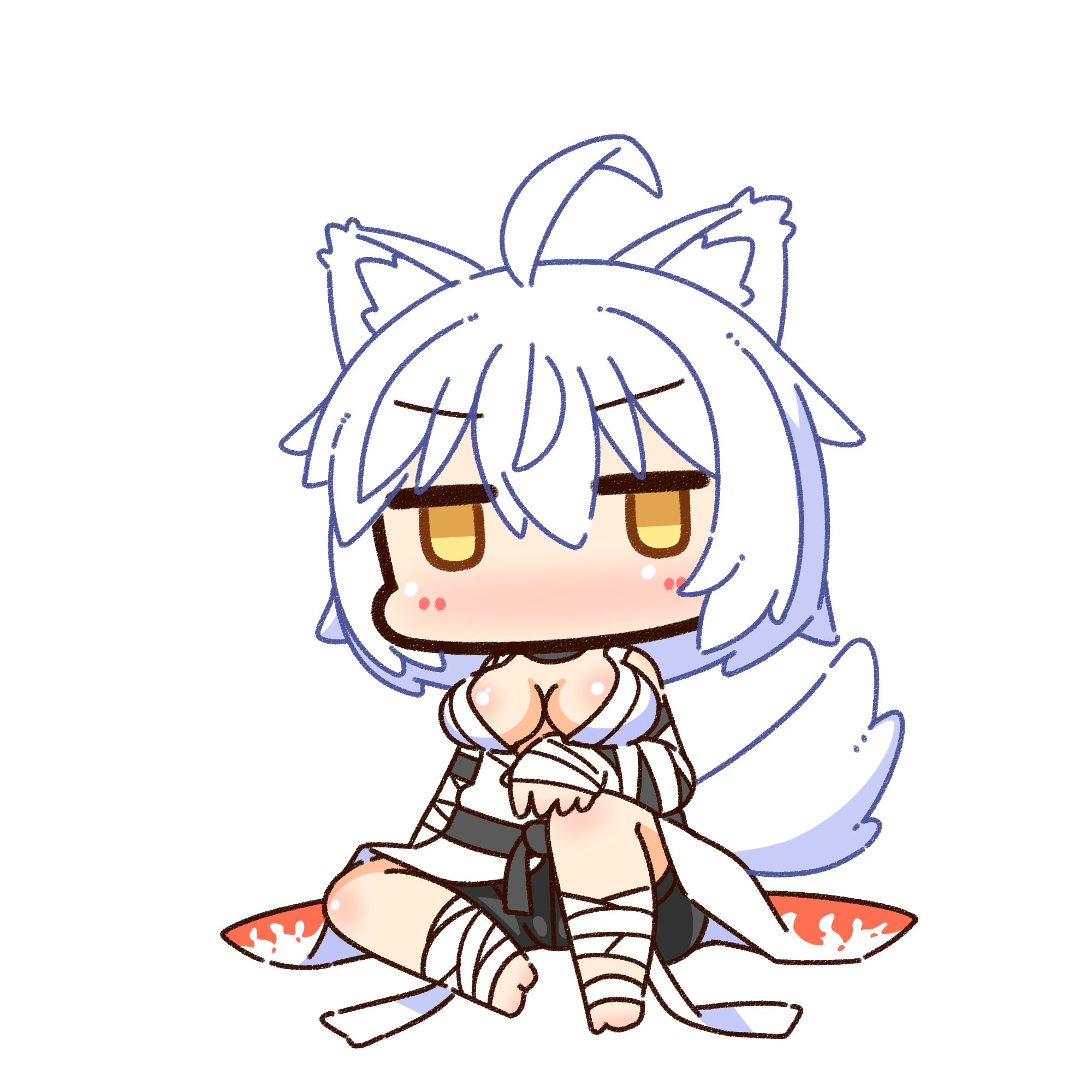 shizukushigure, sura (ragnarok online), ragnarok online, commentary request, highres, 1girl, animal ears, arm wrap, black shorts, blush, breasts, chibi, chibi only, cleavage, dog ears, dog girl, dog tail, foot wraps, full body, hair between eyes, large breasts, looking at viewer, no mouth, official alternate costume, shirt, short hair, shorts, simple background, sitting, sleeveless, sleeveless shirt, solo, tail, white background, white hair, white shirt, yellow eyes
