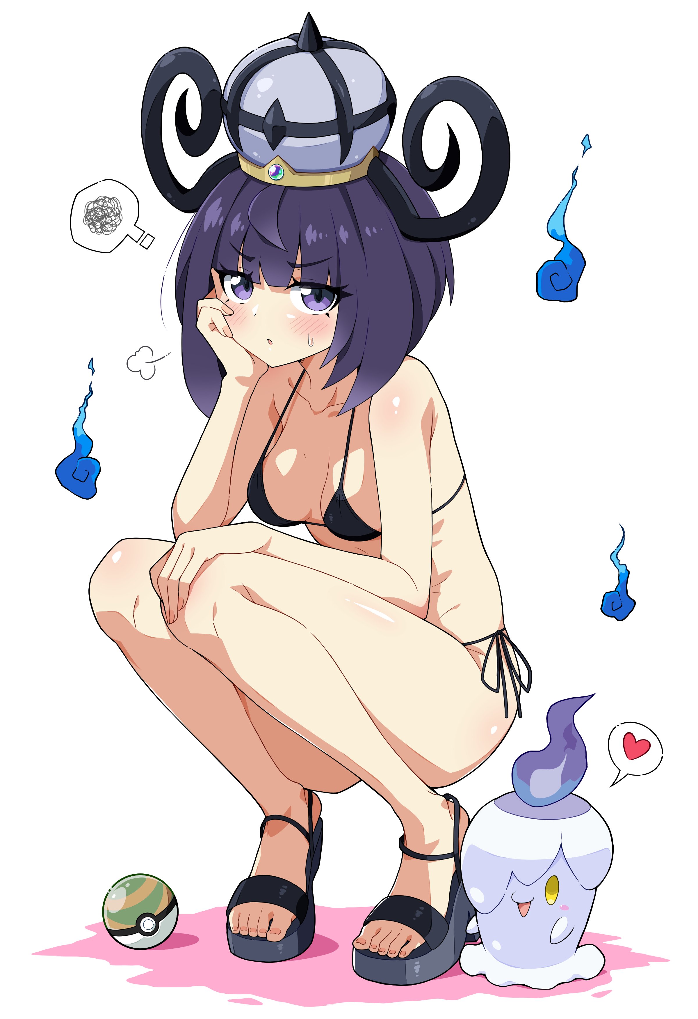 eggman (ni tamagoex), gwynn (pokemon), litwick, nintendo, pokemon, pokemon legends: z-a, absurdres, highres, 1girl, 1other, alternate costume, annoyed, bikini, black hair, blush, breasts, gen 5 pokemon, hat, heart, high heels, mega stone, micro bikini, multicolored hair, nest ball, pokemon (creature), purple eyes, shadow, short hair, side-tie bikini bottom, sigh, spoken heart, spoken squiggle, squiggle, sweat, swimsuit, will-o-wisp (pokemon)