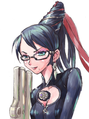 kotentsu, bayonetta, bayonetta (series), lowres, black hair, blue eyes, earrings, glasses, gun, hair bun, jewelry, long hair, mole, red ribbon, ribbon, single hair bun, weapon