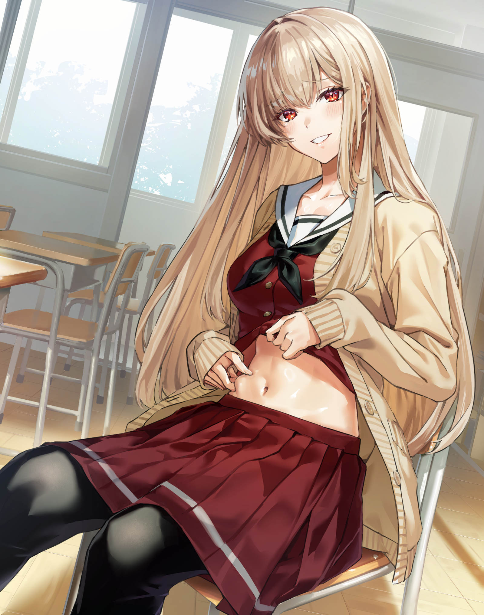abe-chan, furen e lustario, furen e lustario (school uniform), nijisanji, highres, 1girl, belly grab, black pantyhose, blonde hair, blush, breasts, cardigan, chair, classroom, clothes lift, desk, grabbing own stomach, hair intakes, head tilt, large breasts, lifting own clothes, long hair, long sleeves, looking at viewer, miniskirt, navel, official alternate hairstyle, open cardigan, open clothes, pantyhose, parted lips, pleated skirt, red eyes, red serafuku, red shirt, red skirt, sailor collar, school chair, school desk, school uniform, serafuku, shirt, shirt lift, sitting, skirt, sleeves past wrists, smile, solo, stomach, straight hair, very long hair, virtual youtuber, white sailor collar, window, yellow cardigan