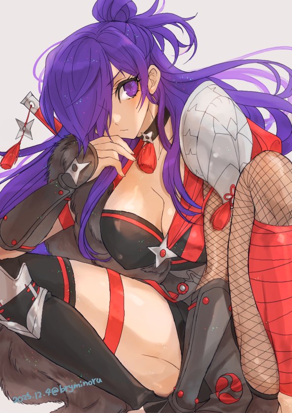 bryminoru, female shez (covert mercenary) (fire emblem), female shez (fire emblem), fire emblem, fire emblem: three houses, fire emblem heroes, fire emblem warriors: three hopes, nintendo, commentary request, 1girl, black choker, black shorts, breasts, choker, cleavage, closed mouth, covered erect nipples, fishnet pantyhose, fishnets, hair bun, hair over one eye, large breasts, looking at viewer, ninja, official alternate costume, one eye covered, pantyhose, purple eyes, purple hair, shorts, simple background, single hair bun, single leg pantyhose, solo, white background