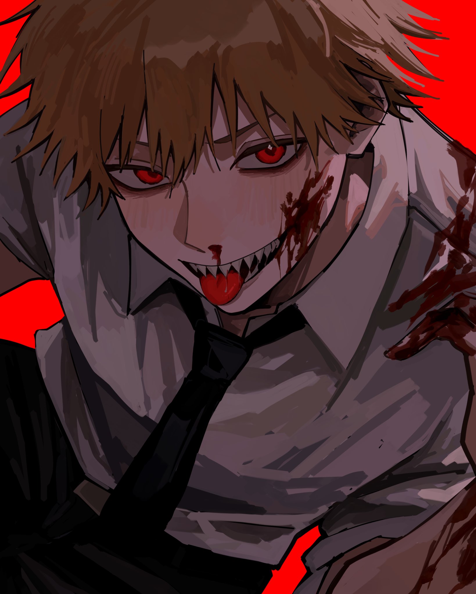 denji (chainsaw man), chainsaw man, commentary request, highres, 1boy, 3icxjemhky66253, arm up, belt, belt buckle, black necktie, black pants, blonde hair, blood, blood on arm, blood on face, buckle, collared shirt, dutch angle, male focus, necktie, open collar, pants, red background, red eyes, sharp teeth, shirt, shirt tucked in, short hair, simple background, smile, solo, teeth, tongue, tongue out, white shirt