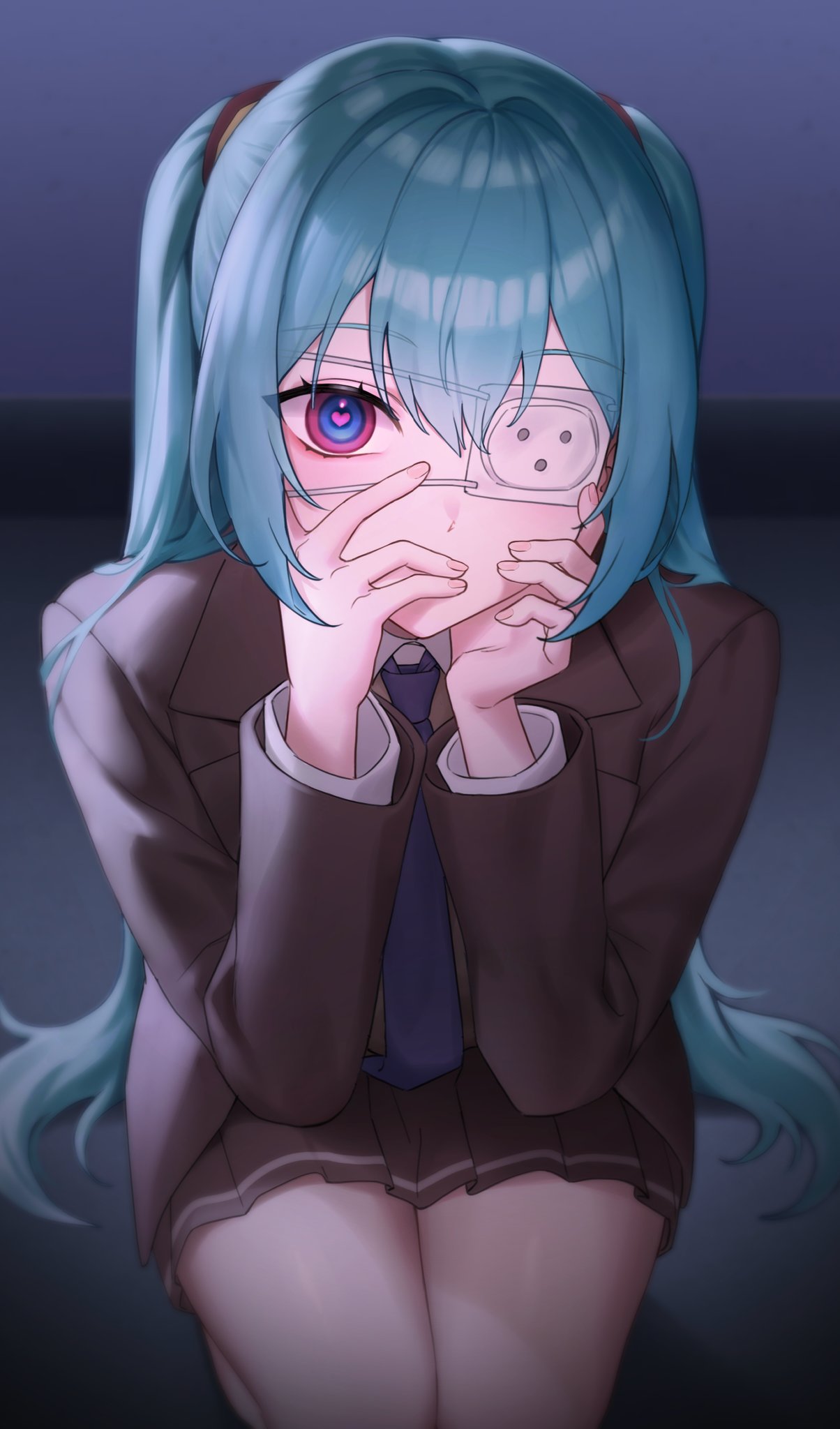 yareen, hatsune miku, monitoring (vocaloid), vocaloid, commentary, highres, 1girl, black skirt, blue eyes, blue hair, blush, brown jacket, collared shirt, covered mouth, covering own mouth, eyepatch, eyewear visible through hair, hair between eyes, hands on own cheeks, hands on own face, heart, heart-shaped pupils, jacket, lapels, legs together, long hair, long sleeves, looking at viewer, medical eyepatch, multicolored eyes, notched lapels, open clothes, open jacket, pink eyes, pink pupils, pleated skirt, school uniform, shirt, sitting, skirt, solo, symbol-shaped pupils, twintails, very long hair, white shirt, wing collar