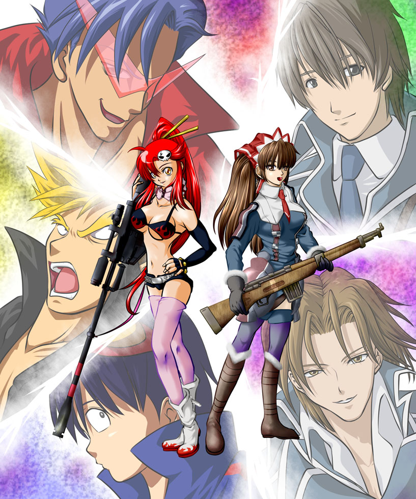 world business sqm, alicia melchiott, faldio landzaat, kamina (ttgl), kittan bachika, simon (ttgl), welkin gunther, yoko littner, senjou no valkyria, senjou no valkyria (series), senjou no valkyria 1, tengen toppa gurren lagann, 00s, bikini, boots, brown eyes, brown hair, gun, hair ornament, long hair, military, military uniform, ponytail, red hair, rifle, skirt, swimsuit, thighhighs, twintails, weapon
