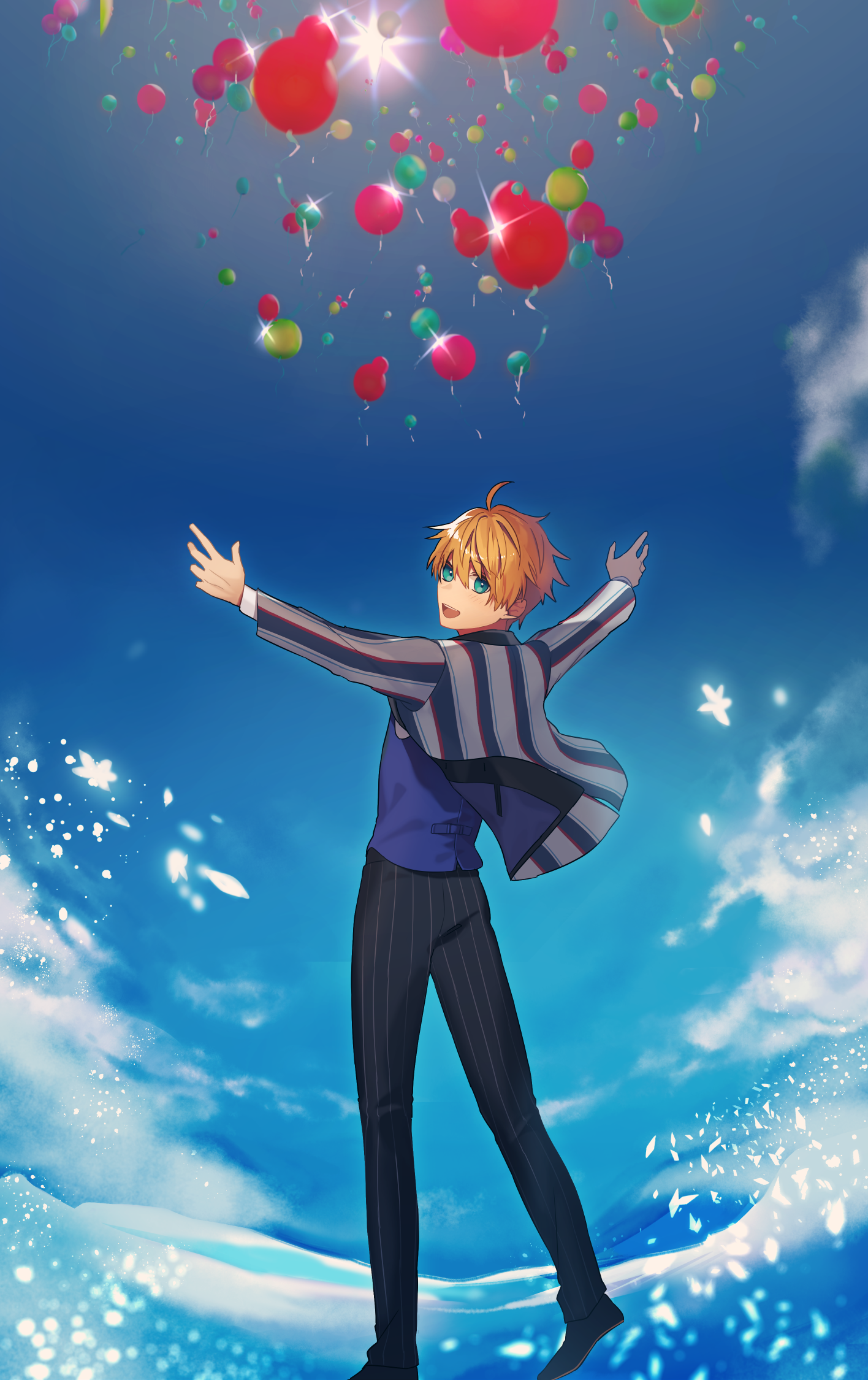 sayu (kamicimo), arthur pendragon (fate), arthur pendragon (formal dress) (fate), fate/grand order, fate (series), commentary request, highres, 1boy, ahoge, aqua eyes, arms up, balloon, black pants, black shoes, blue sky, blue vest, cloud, cloudy sky, day, floating clothes, formal clothes, from behind, full body, hair between eyes, jacket, long sleeves, looking at viewer, looking back, male focus, ocean, official alternate costume, open clothes, open jacket, open mouth, orange hair, outdoors, pants, shirt, shoes, short hair, sky, smile, solo, sparkle, standing, striped clothes, striped jacket, striped pants, suit, suit jacket, teeth, vest, white jacket, white shirt