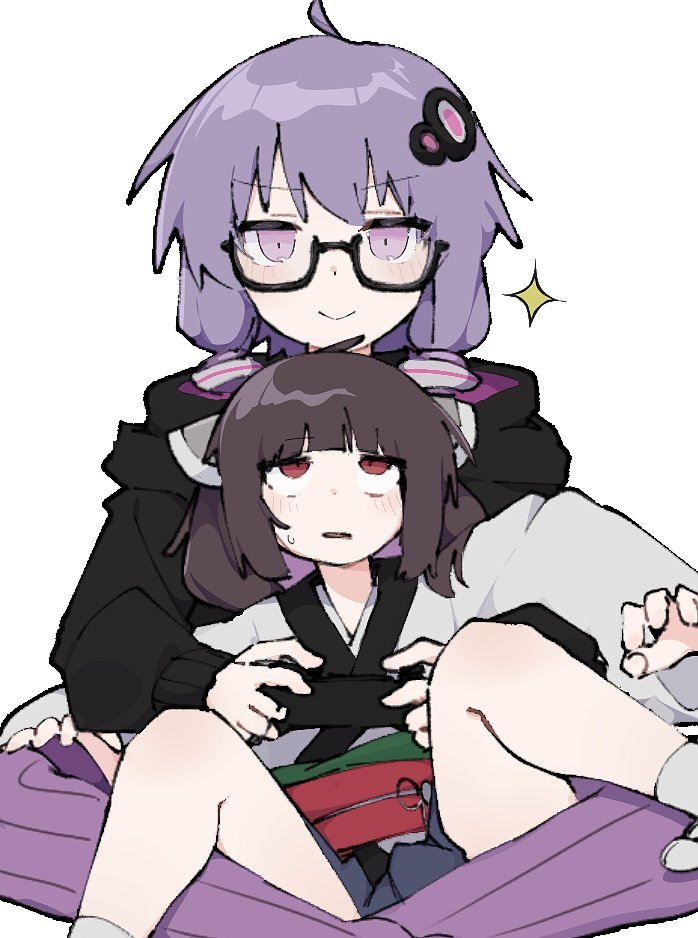 touhoku kiritan, yuzuki yukari, vocaloid, 2girls, black hair, controller, doyagao, game controller, gamepad, glasses, hood, hoodie, japanese clothes, kimono, multiple girls, nutaji, obi, pink eyes, purple hair, red eyes, sash, short hair with long locks, sitting, sitting on lap, sitting on person, smug, sweatdrop, twintails, white kimono