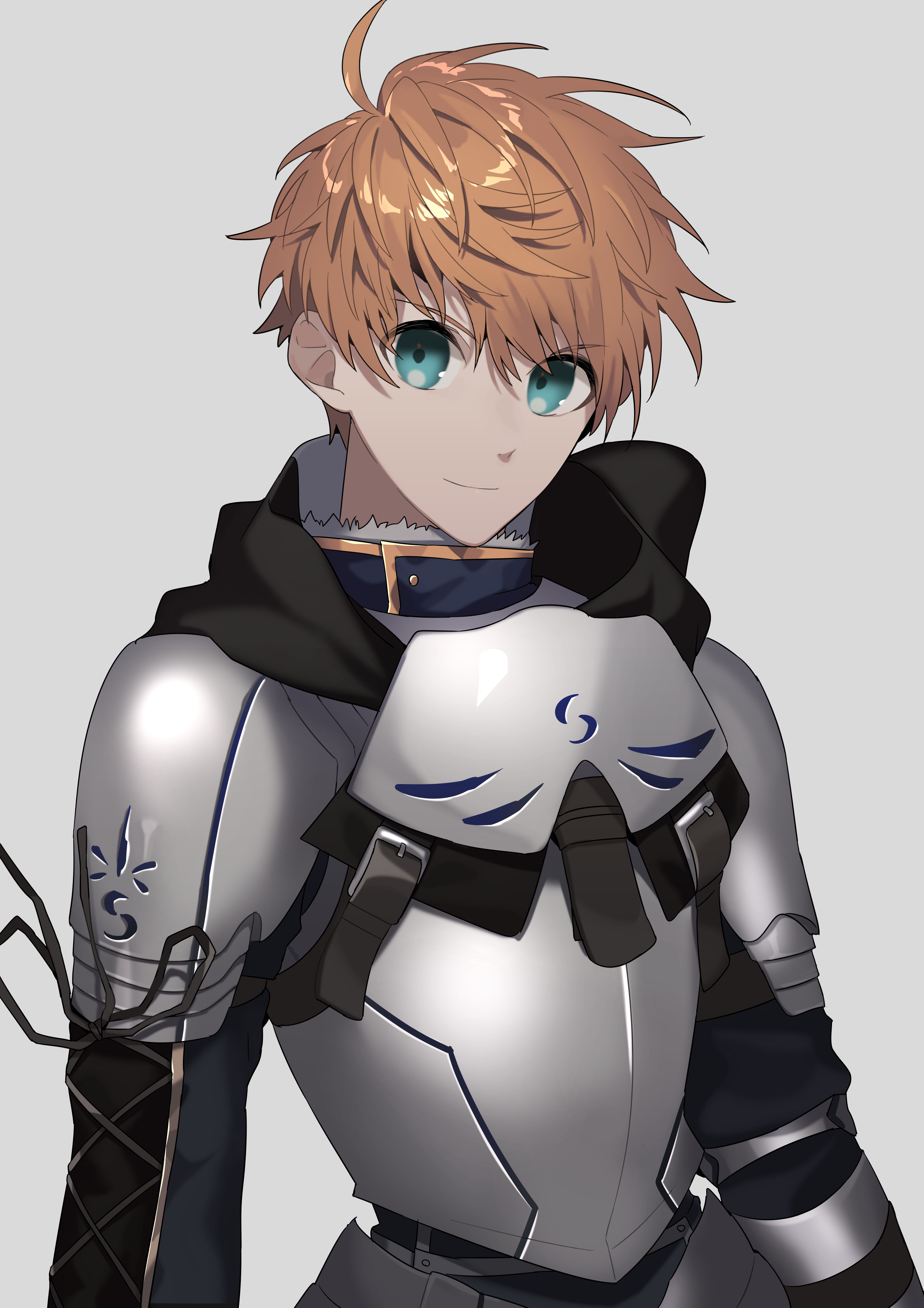sayu (kamicimo), arthur pendragon (fate), fate/prototype, fate (series), absurdres, commentary request, highres, 1boy, ahoge, aqua eyes, armor, black hood, black ribbon, blue shirt, breastplate, buttons, closed mouth, faulds, full armor, fur-trimmed shirt, fur trim, grey background, hair between eyes, long sleeves, looking at viewer, male focus, orange hair, pauldrons, ribbon, shirt, short hair, shoulder armor, simple background, smile, solo, white armor