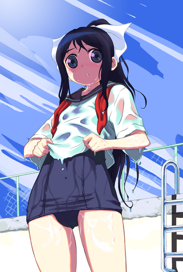 chyko, original, bad id, bad pixiv id, 1girl, black hair, blush, day, empty pool, female focus, grey eyes, one-piece swimsuit, pool, pool ladder, school swimsuit, school uniform, see-through clothes, serafuku, sky, solo, swimsuit, swimsuit under clothes, wet, wet clothes