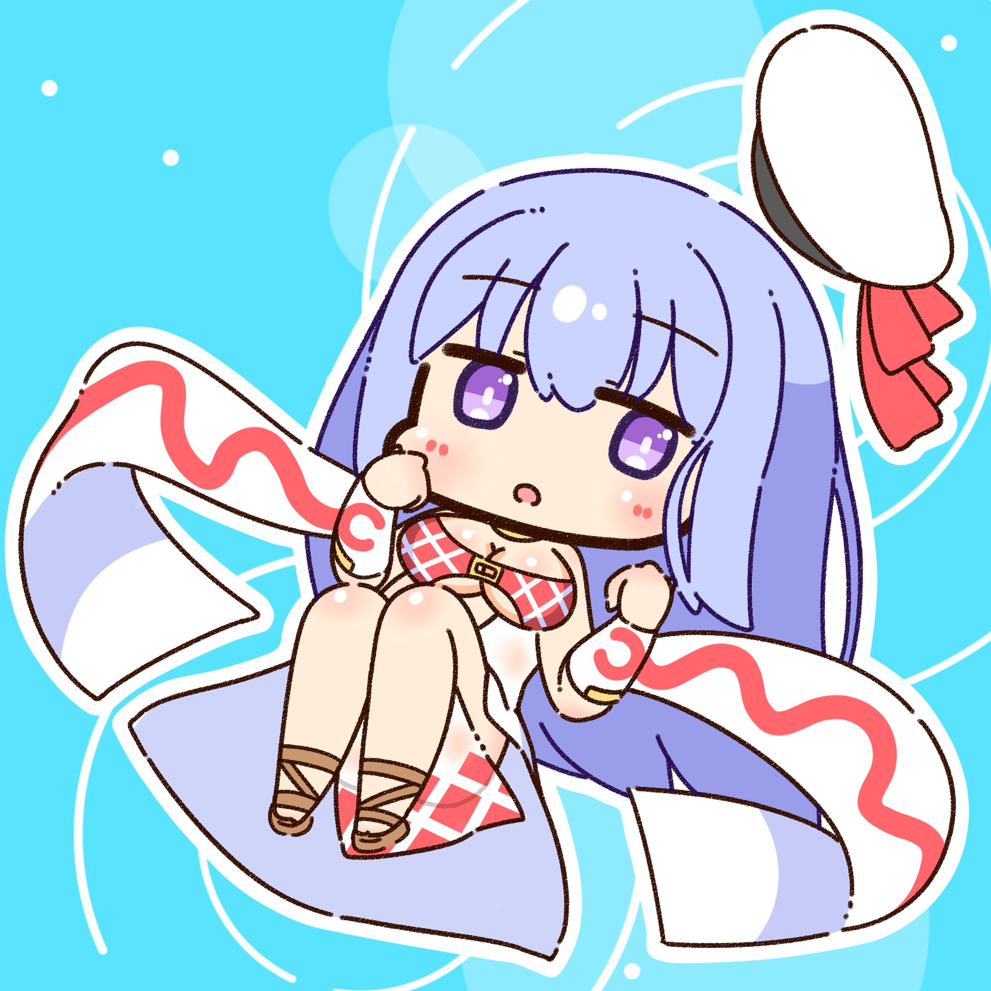 shizukushigure, sorcerer (ragnarok online), ragnarok online, commentary request, highres, 1girl, argyle clothes, argyle dress, blue background, blue hair, blush, breasts, brown sandals, chibi, chibi only, detached sleeves, dress, full body, hat, large breasts, long hair, looking at viewer, open mouth, purple eyes, sandals, sitting, sleeveless, sleeveless dress, solo, unworn hat, unworn headwear, very long hair, white dress, white hat, white sleeves