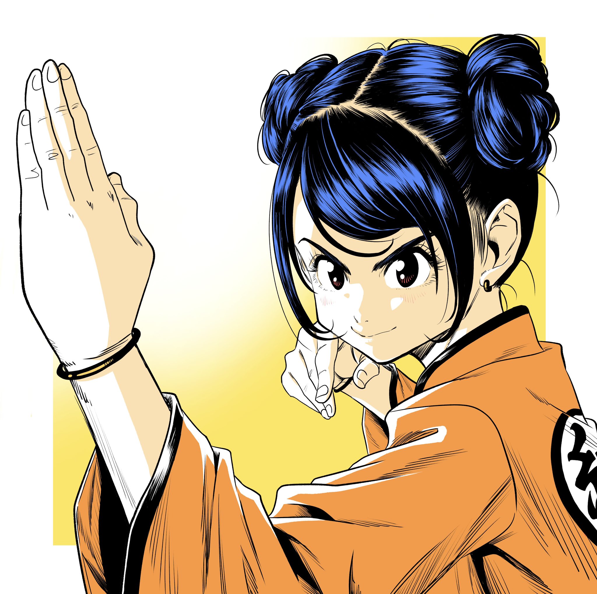 lee (dragon garou), original, commentary request, highres, 1girl, blue hair, bracelet, braid, braided bun, brown hair, chinese clothes, double bun, earrings, fighting stance, hair bun, jewelry, smile, solo, upper body, v-shaped eyebrows