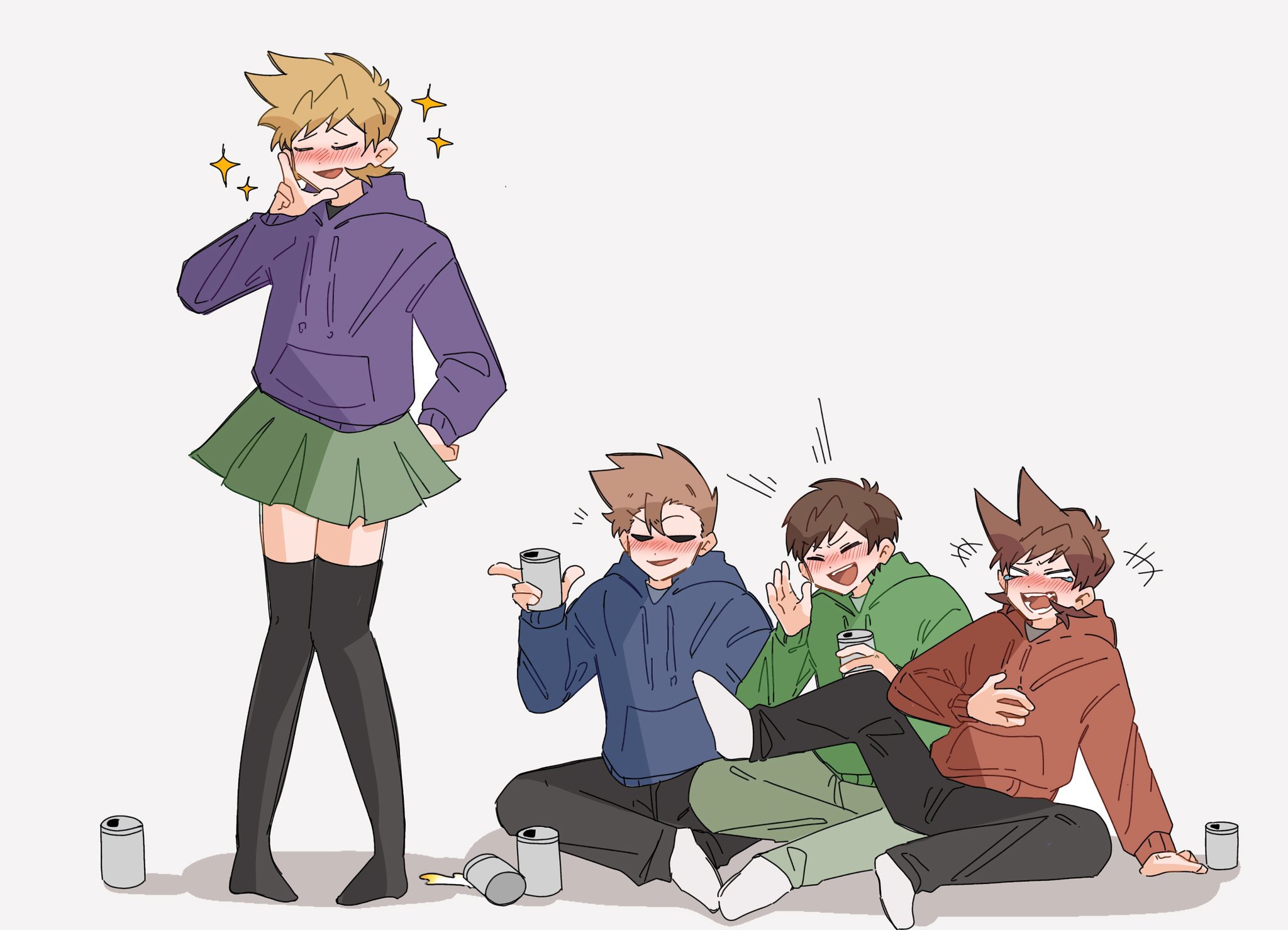 edd (eddsworld), matt (eddsworld), tom (eddsworld), eddsworld, commentary, commentary request, english commentary, highres, +++, 4boys, alcohol, animification, antenna hair, beer can, black thighhighs, blue hoodie, blush, brown hair, can, crossdressing, crossdressing (mtf), drawstring, drink can, drunk, flipped hair, green hoodie, green skirt, hair behind ear, hair ears, holding, hollow eyes, hood, hood down, hoodie, l hand, laughing, long sleeves, male focus, multiple boys, open mouth, orange hair, pants, pleated skirt, purple hoodie, red hoodie, short hair, simple background, sitting, skirt, smile, sparkle, spiked hair, standing, takanashi (ta ro 130), tearing up, thighhighs, tord (eddsworld), white background