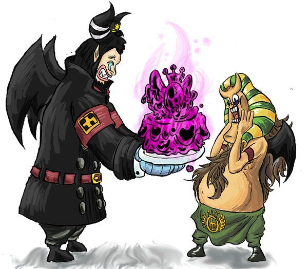 hannyabal (one piece), magellan (one piece), one piece, 2boys, cake, doku doku no mi, food, impel down, multiple boys, poison