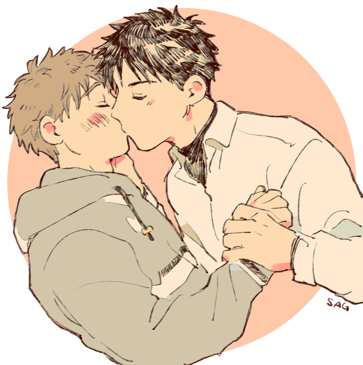 abe takaya, mihashi ren, ookiku furikabutte, commentary request, highres, 2boys, 30jikanneruuuuu, arm up, black hair, black shirt, blush, brown hair, closed eyes, collared shirt, cropped torso, drawstring, hand on another's face, holding hands, hood, hood down, hoodie, kiss, male focus, multiple boys, open collar, shirt, short hair, sleeve cuffs, white shirt, yaoi