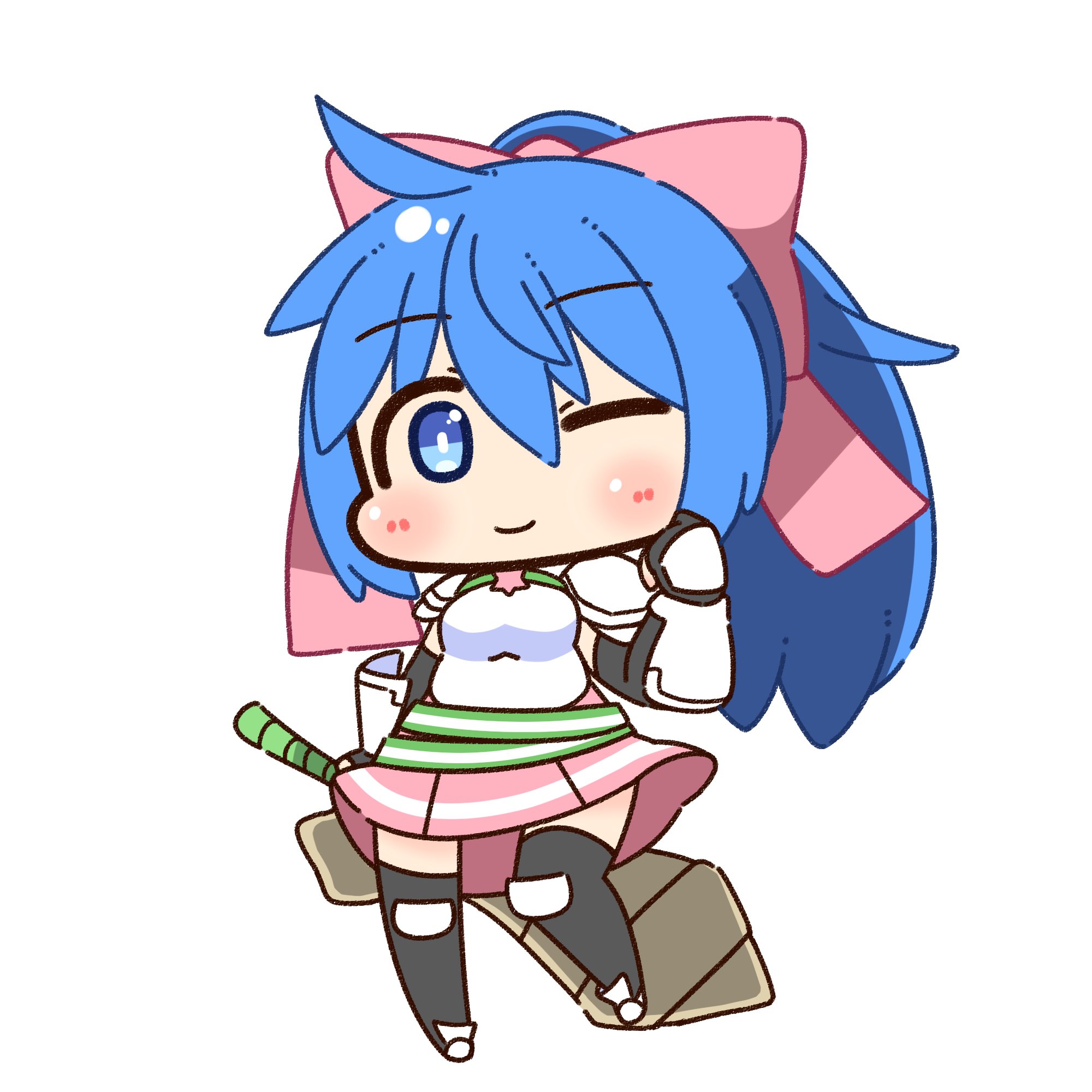 shizukushigure, lord knight (ragnarok online), spica parfait, ragnarok online, commentary request, highres, 1girl, armor, black gloves, black thighhighs, blue eyes, blue hair, blush, bow, breastplate, chibi, chibi only, closed mouth, elbow gloves, full body, gauntlets, gloves, hair bow, high ponytail, holding, holding sword, holding weapon, long hair, looking at viewer, miniskirt, one eye closed, pauldrons, pink bow, pink skirt, ponytail, shoulder armor, simple background, skirt, smile, solo, standing, sword, thighhighs, weapon, white background