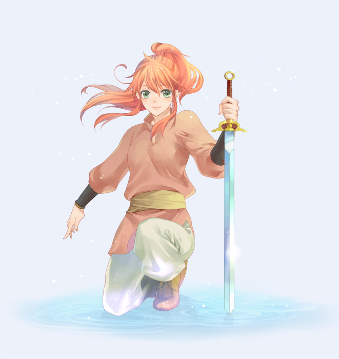 shin'ya (midnight rain), nakajima youko, juuni kokuki, bad id, bad pixiv id, green eyes, jian (weapon), kneeling, on one knee, ponytail, red hair, solo, sword, weapon