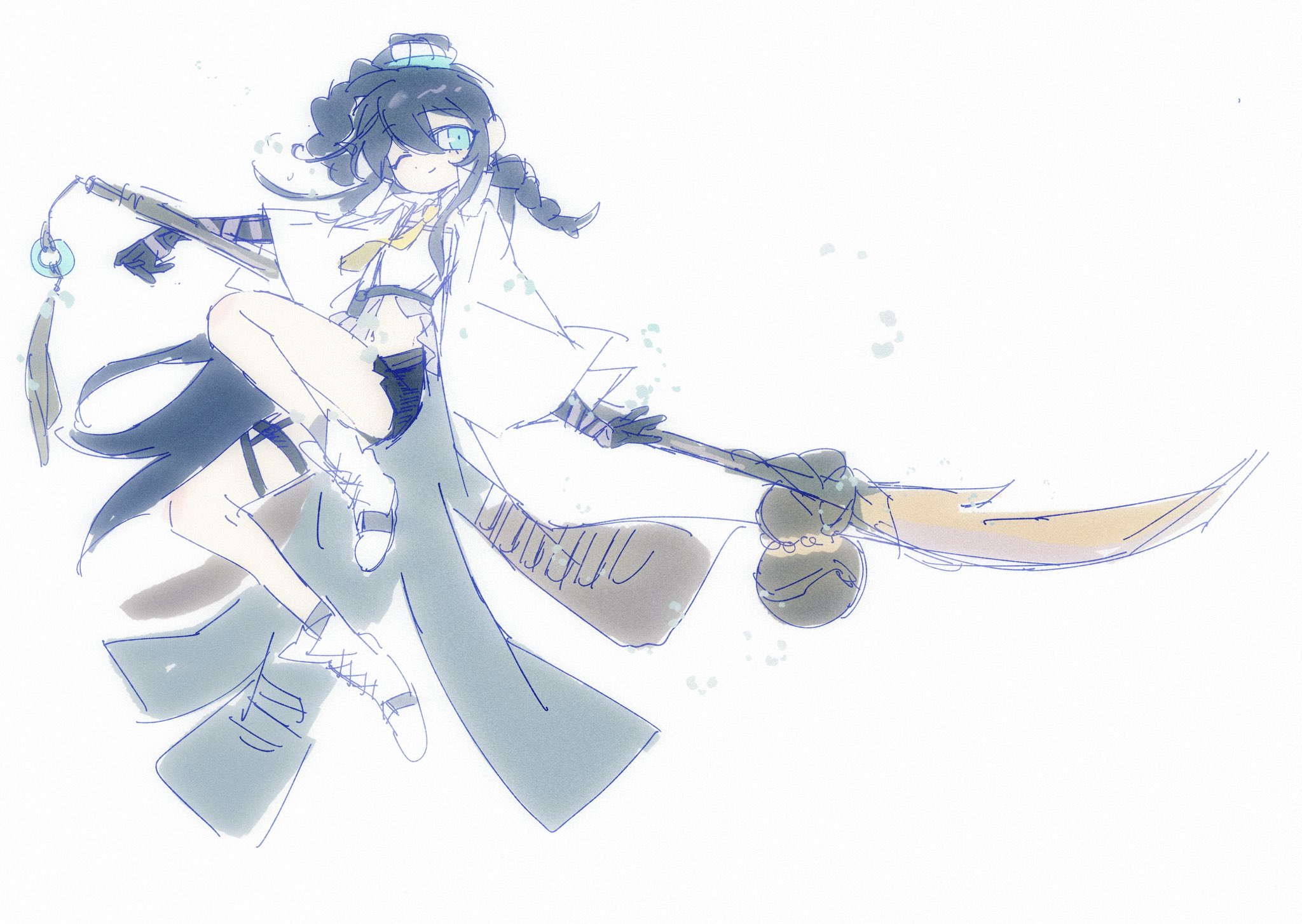 yesheng zong ren, hong lu (project moon), arknights, limbus company, project moon, highres, 1boy, aqua eyes, black gloves, black hair, black shorts, boots, braid, coat, full body, gloves, gourd, guan dao, long hair, necktie, one eye closed, polearm, shorts, simple background, solo, to remain oneself (e.g.o), weapon, white background, white boots, white coat, yellow necktie